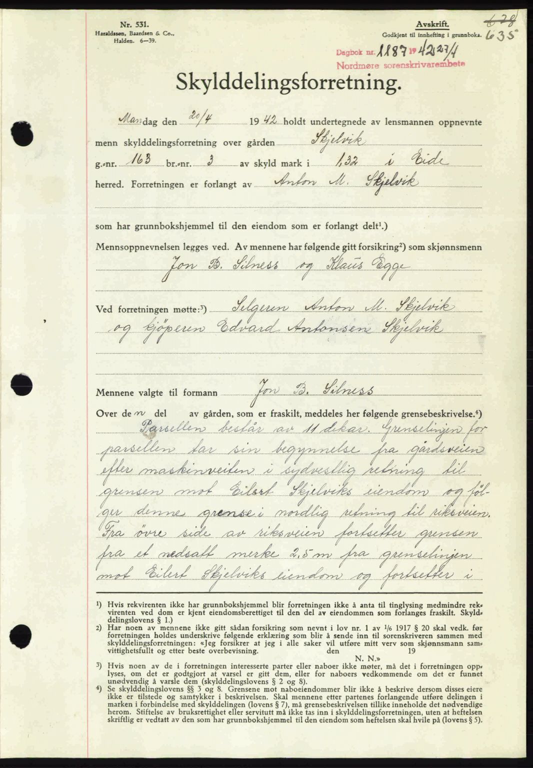 Nordmøre sorenskriveri, AV/SAT-A-4132/1/2/2Ca: Mortgage book no. A92, 1942-1942, Diary no: : 1187/1942