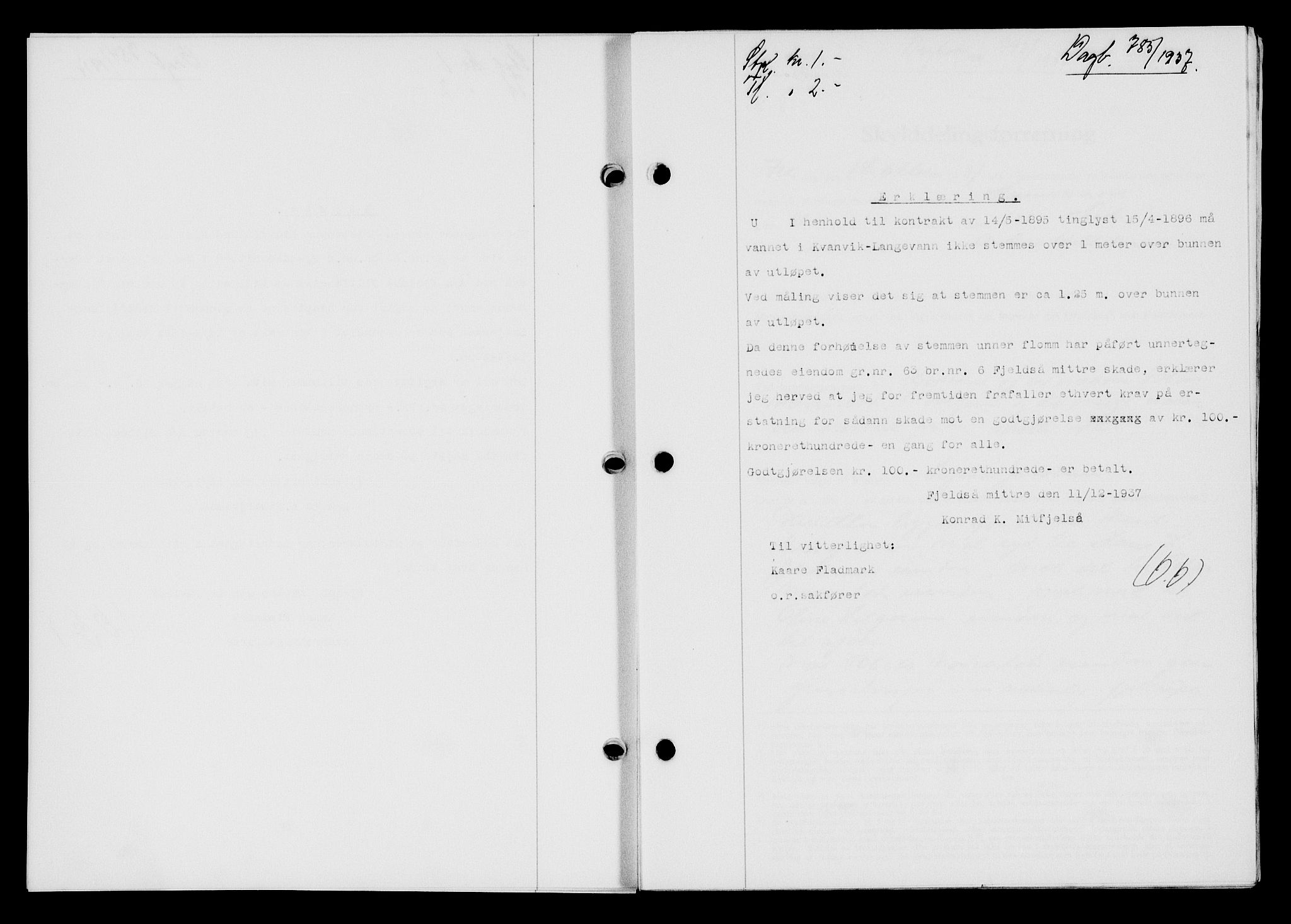 Flekkefjord sorenskriveri, AV/SAK-1221-0001/G/Gb/Gba/L0054: Mortgage book no. A-2, 1937-1938, Diary no: : 785/1937