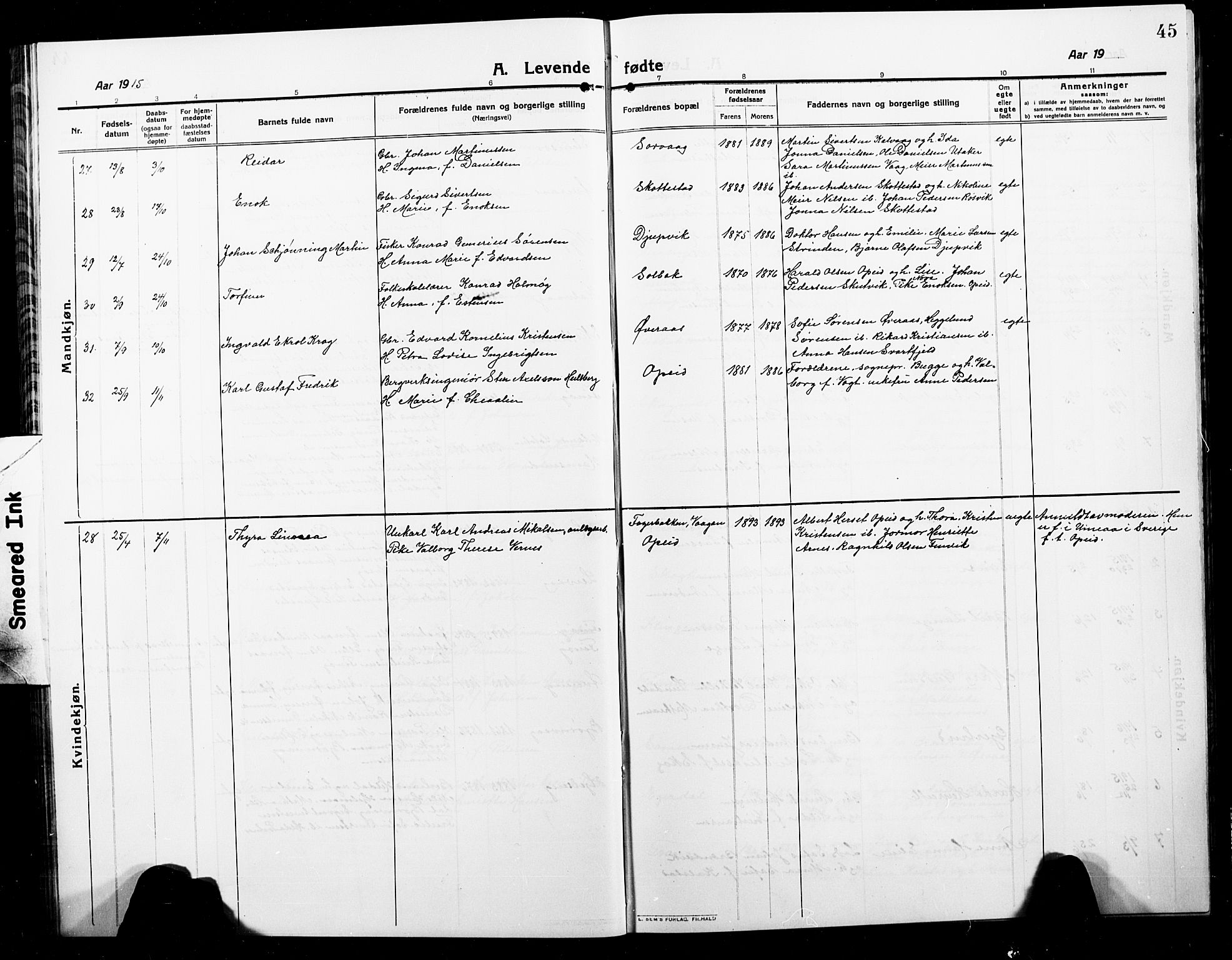 Ministerialprotokoller, klokkerbøker og fødselsregistre - Nordland, AV/SAT-A-1459/859/L0861: Parish register (copy) no. 859C07, 1910-1925, p. 45