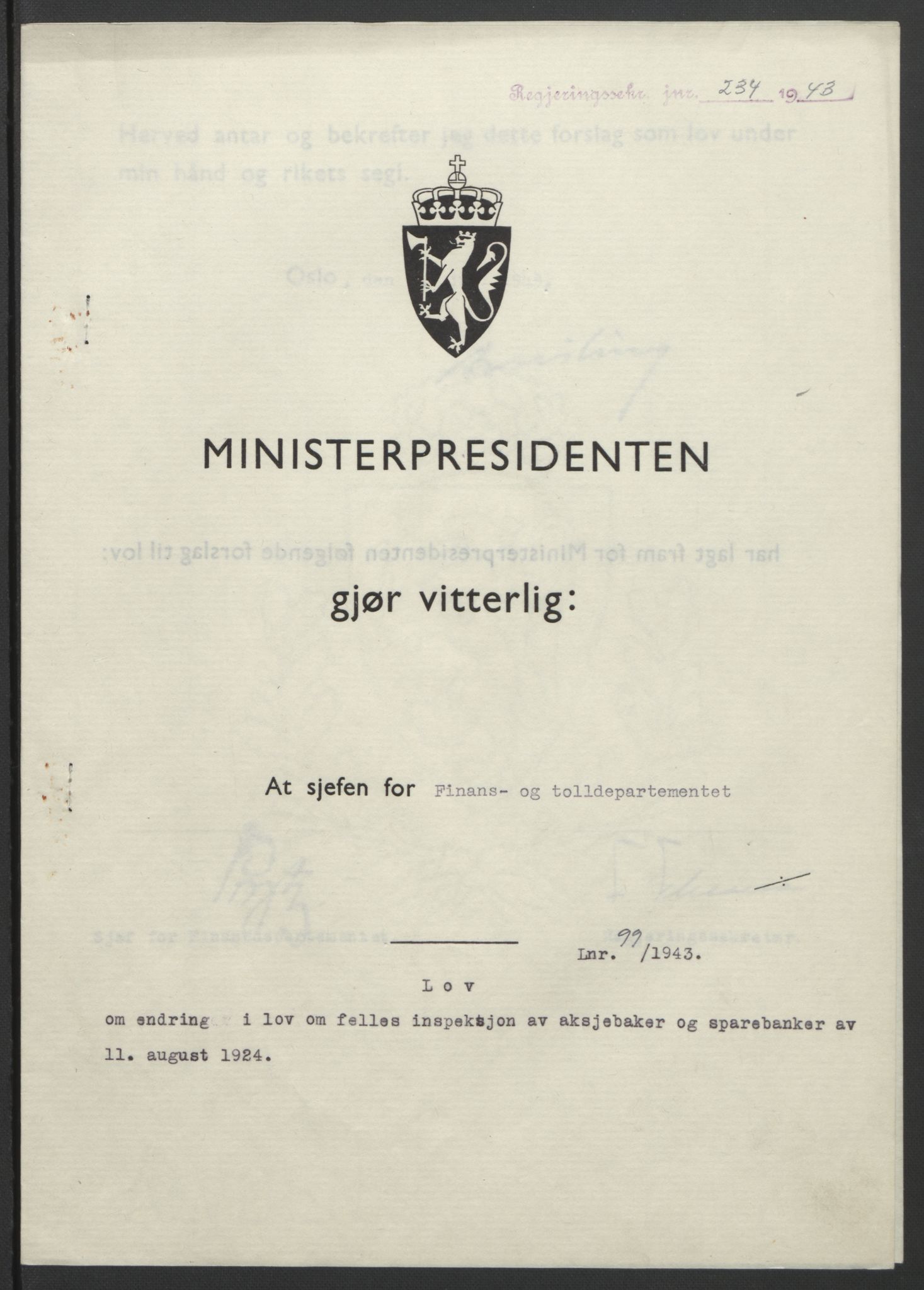 NS-administrasjonen 1940-1945 (Statsrådsekretariatet, de kommisariske statsråder mm), RA/S-4279/D/Db/L0099: Lover, 1943, p. 452