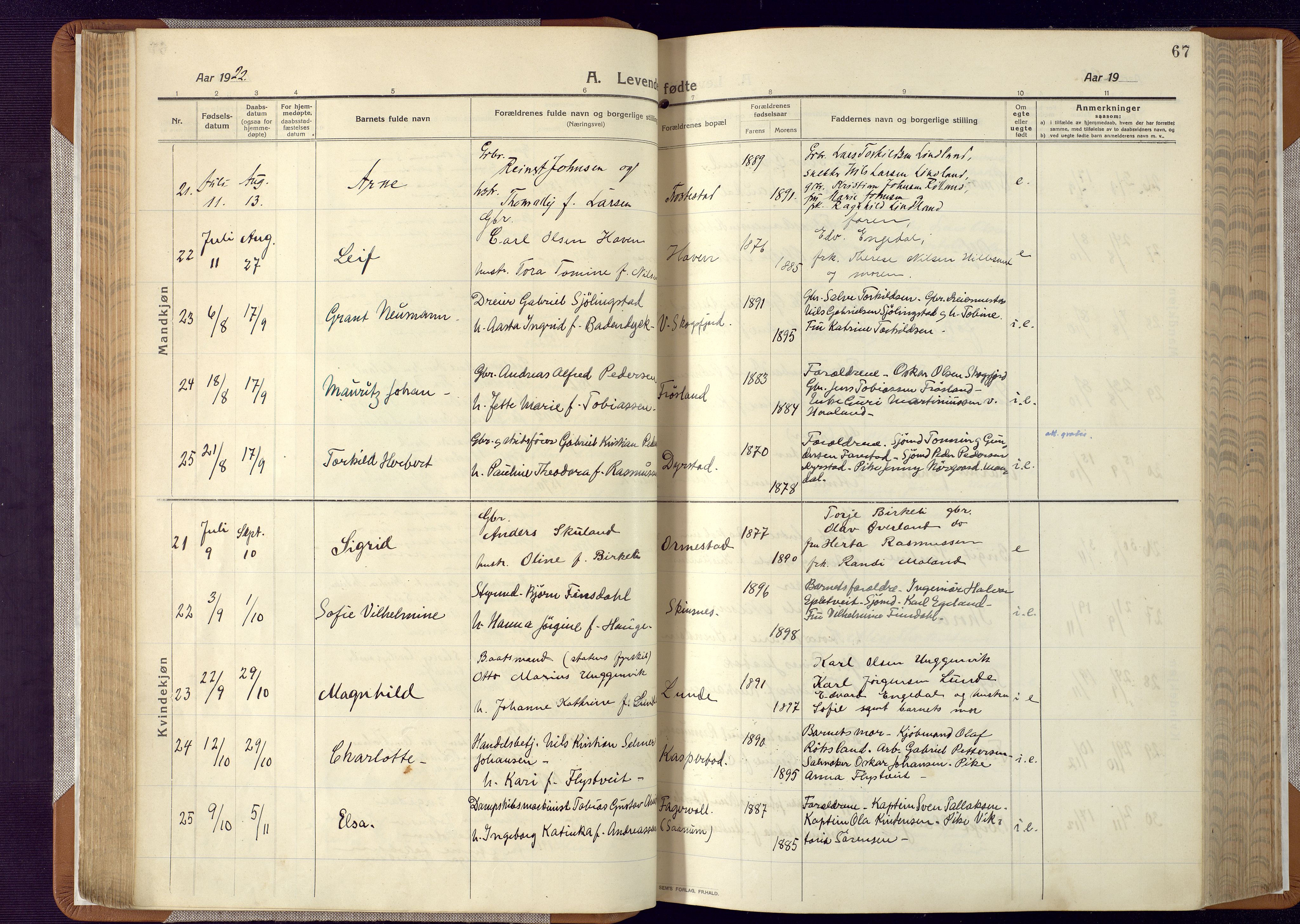 Mandal sokneprestkontor, AV/SAK-1111-0030/F/Fa/Faa/L0022: Parish register (official) no. A 22, 1913-1925, p. 67