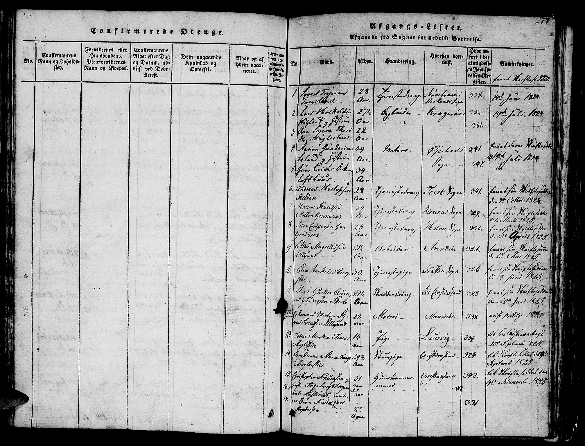 Vestre Moland sokneprestkontor, SAK/1111-0046/F/Fb/Fbb/L0001: Parish register (copy) no. B 1, 1816-1851, p. 277