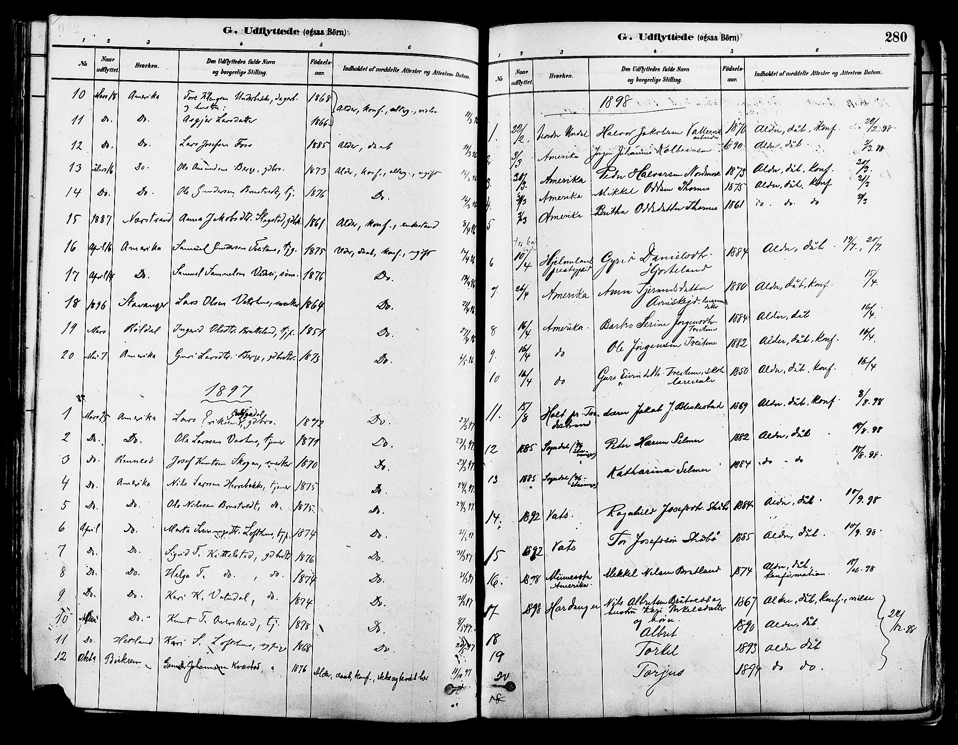 Suldal sokneprestkontor, AV/SAST-A-101845/01/IV/L0011: Parish register (official) no. A 11, 1878-1900, p. 280