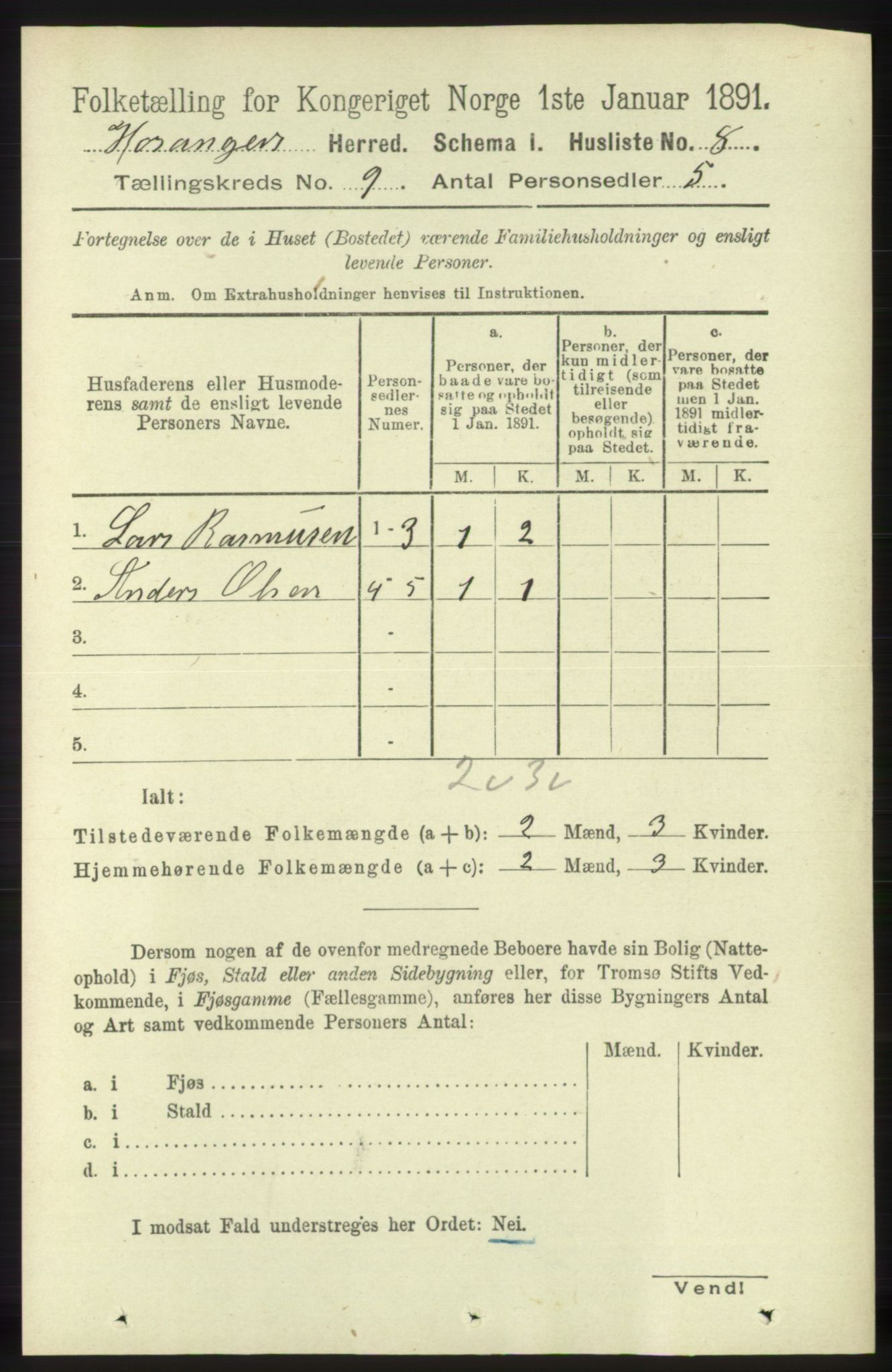 RA, 1891 census for 1253 Hosanger, 1891, p. 3277