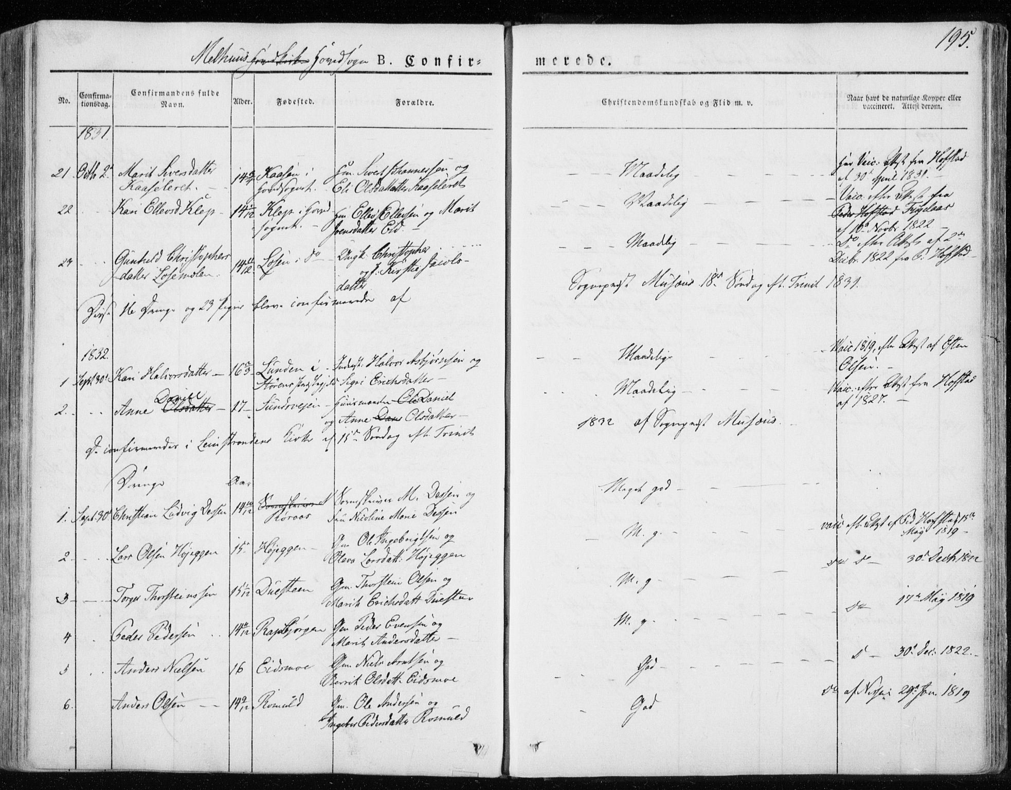 Ministerialprotokoller, klokkerbøker og fødselsregistre - Sør-Trøndelag, SAT/A-1456/691/L1069: Parish register (official) no. 691A04, 1826-1841, p. 195