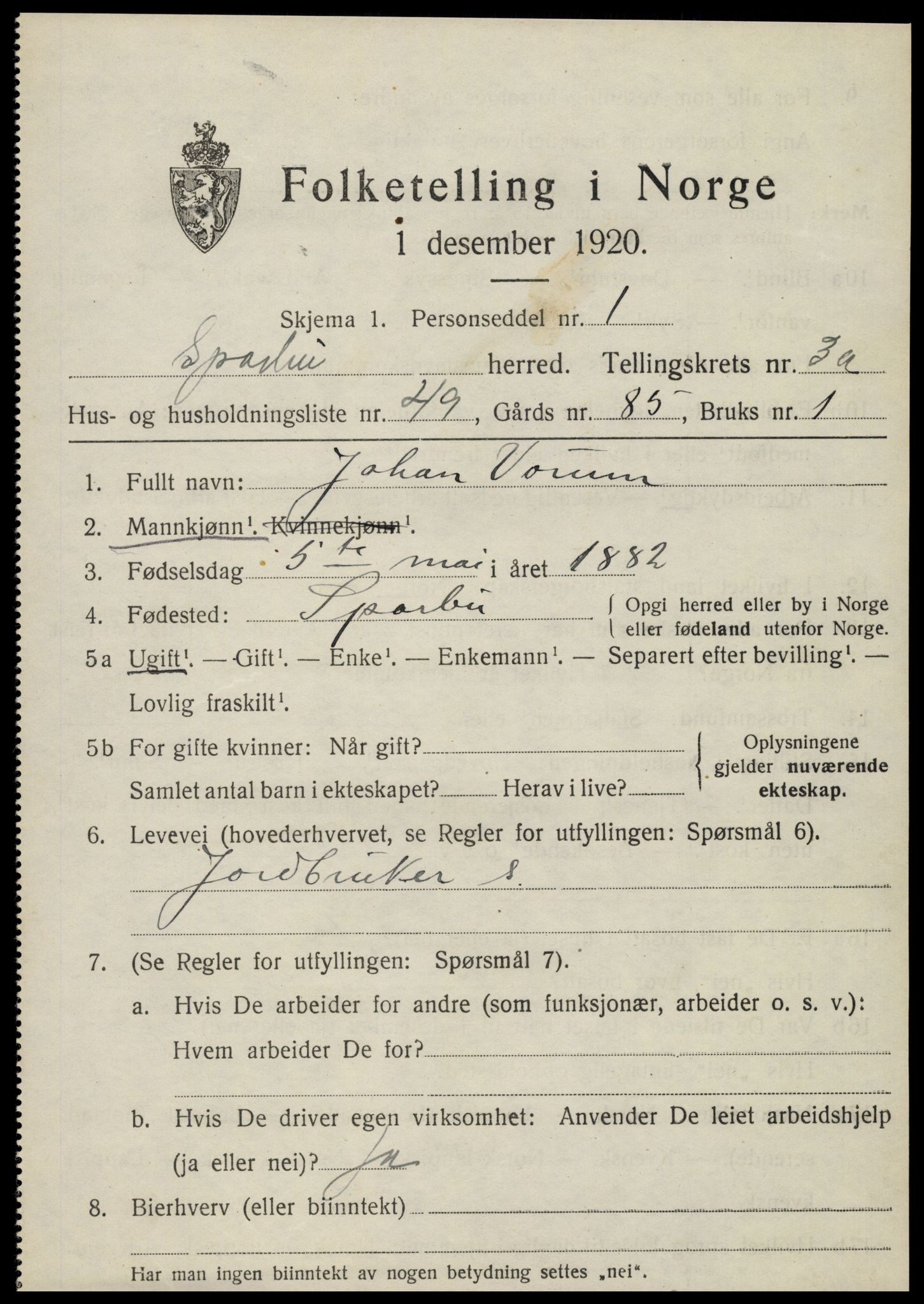 SAT, 1920 census for Sparbu, 1920, p. 4813