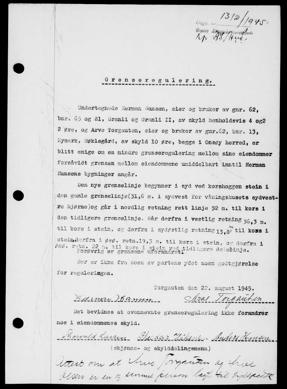 Onsøy sorenskriveri, SAO/A-10474/G/Ga/Gab/L0015: Mortgage book no. II A-15, 1945-1946, Diary no: : 1312/1945