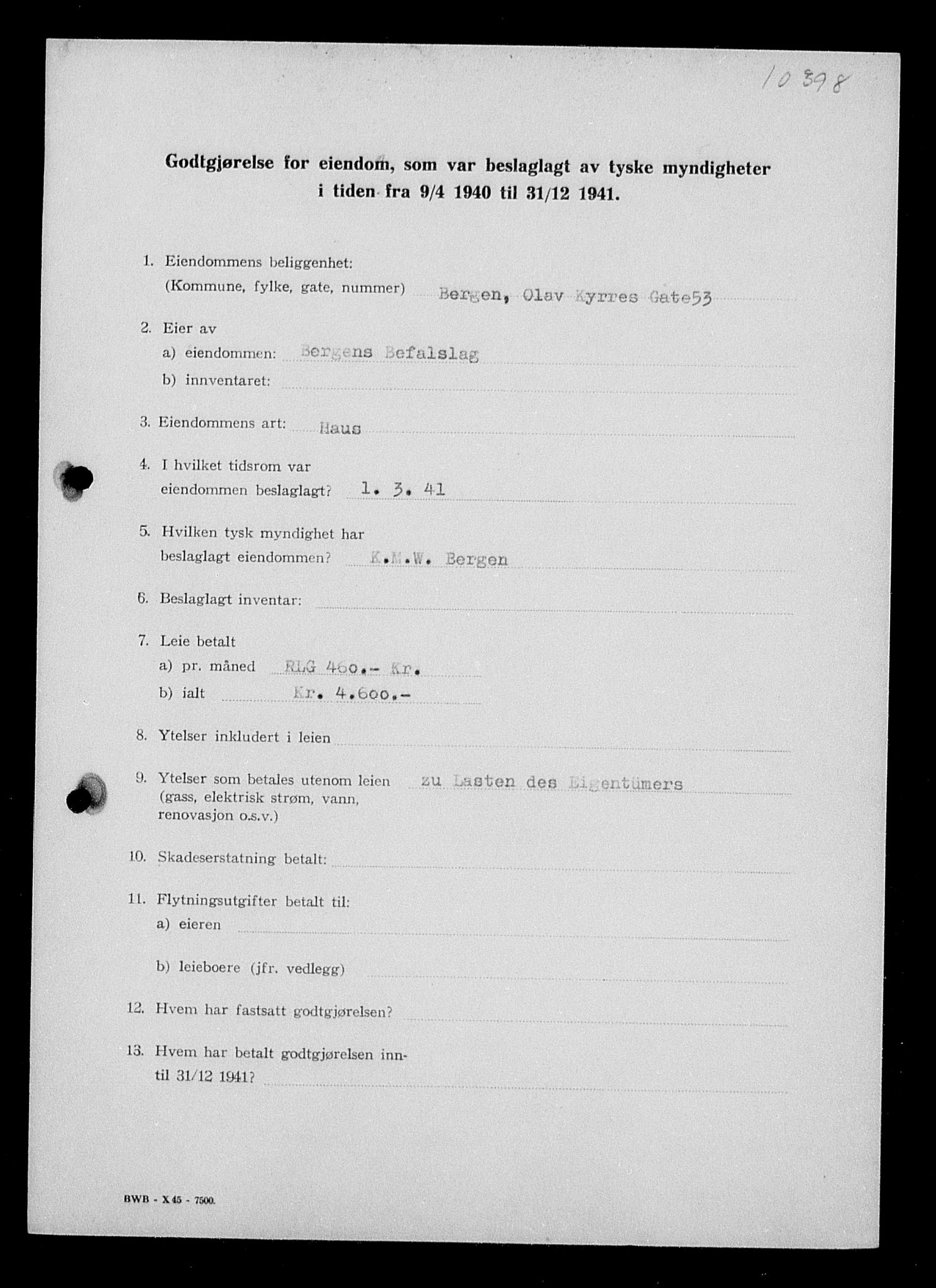 Justisdepartementet, Tilbakeføringskontoret for inndratte formuer, AV/RA-S-1564/I/L1016: Godtgjørelse for beslaglagt eiendom, 1940-1941, p. 14