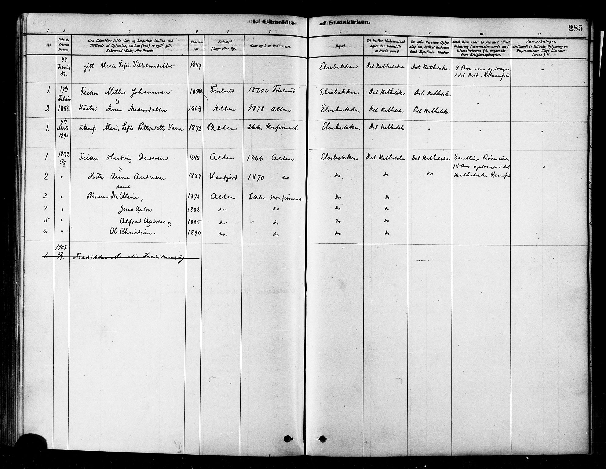 Alta sokneprestkontor, SATØ/S-1338/H/Ha/L0002.kirke: Parish register (official) no. 2, 1879-1892, p. 285
