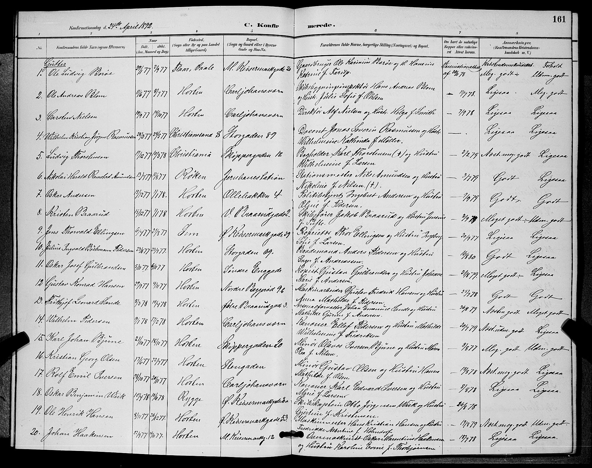 Horten kirkebøker, AV/SAKO-A-348/G/Ga/L0005: Parish register (copy) no. 5, 1888-1895, p. 161