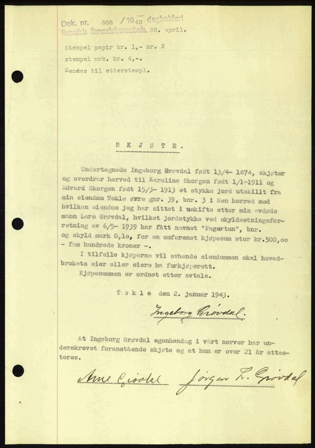 Romsdal sorenskriveri, AV/SAT-A-4149/1/2/2C: Mortgage book no. A14, 1943-1943, Diary no: : 808/1943