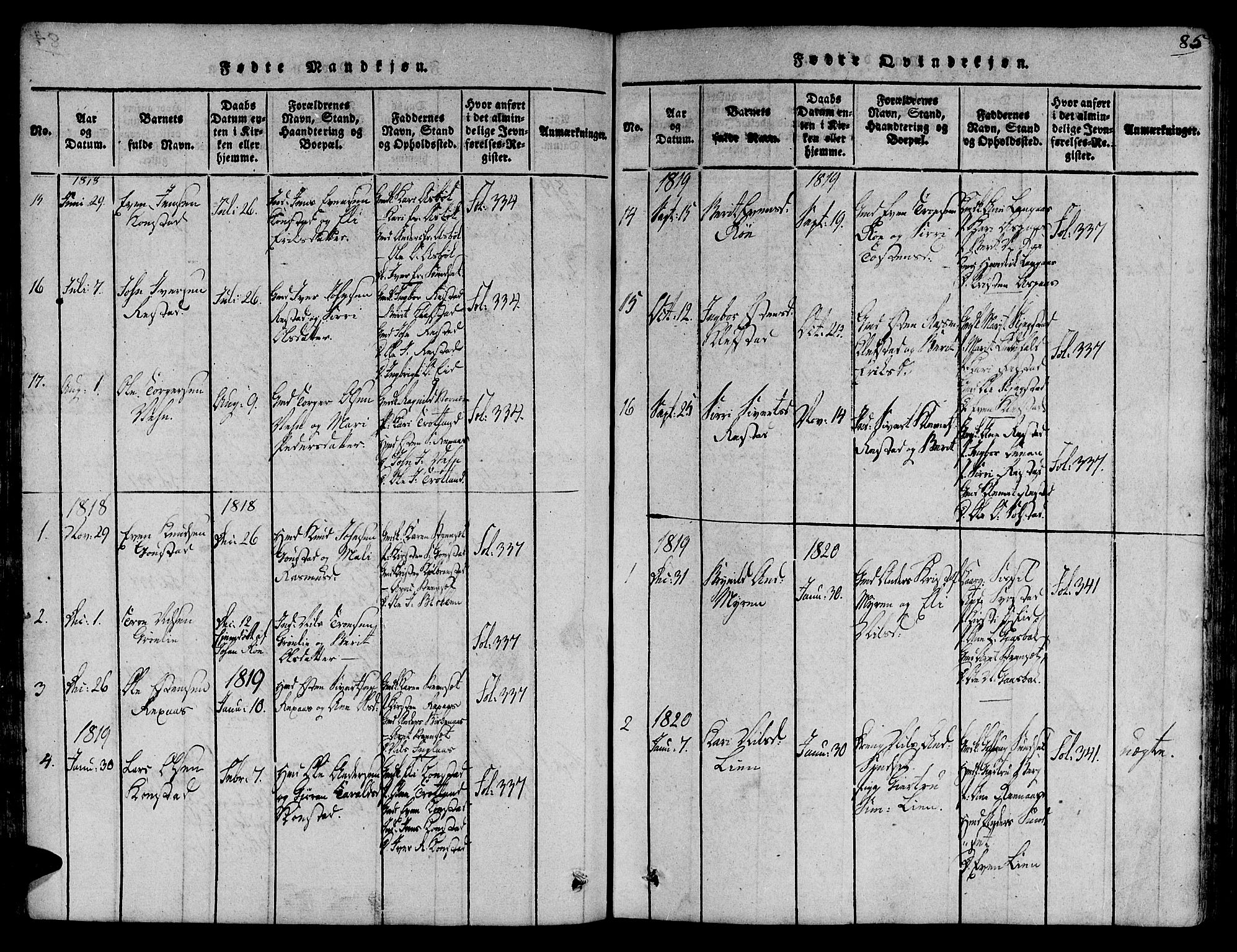 Ministerialprotokoller, klokkerbøker og fødselsregistre - Sør-Trøndelag, SAT/A-1456/691/L1068: Parish register (official) no. 691A03 /4, 1816-1826, p. 85