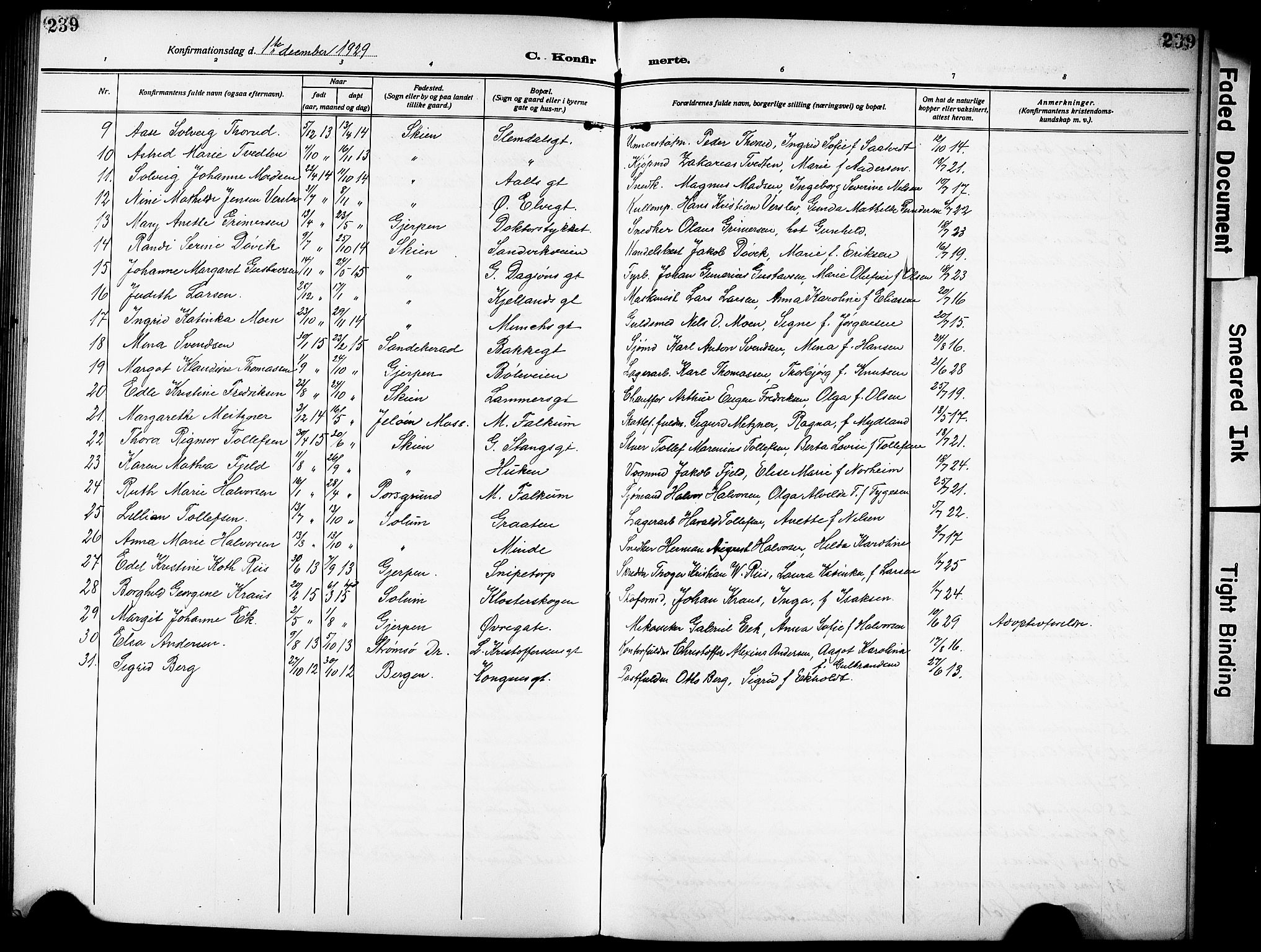 Skien kirkebøker, SAKO/A-302/G/Ga/L0010: Parish register (copy) no. 10, 1920-1931, p. 239