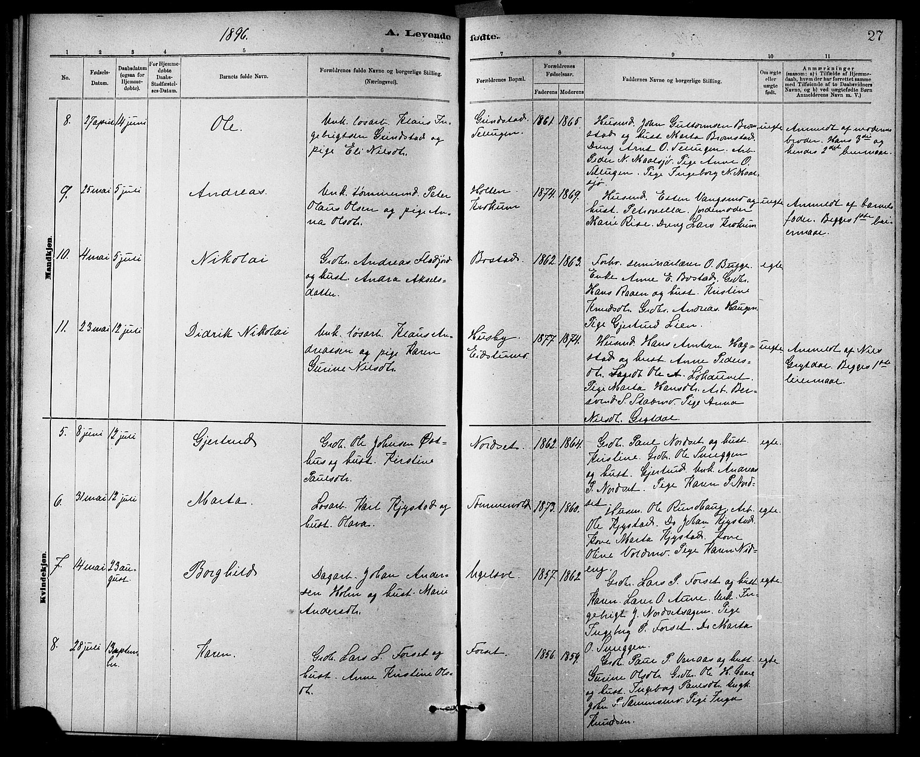 Ministerialprotokoller, klokkerbøker og fødselsregistre - Sør-Trøndelag, AV/SAT-A-1456/618/L0452: Parish register (copy) no. 618C03, 1884-1906, p. 27