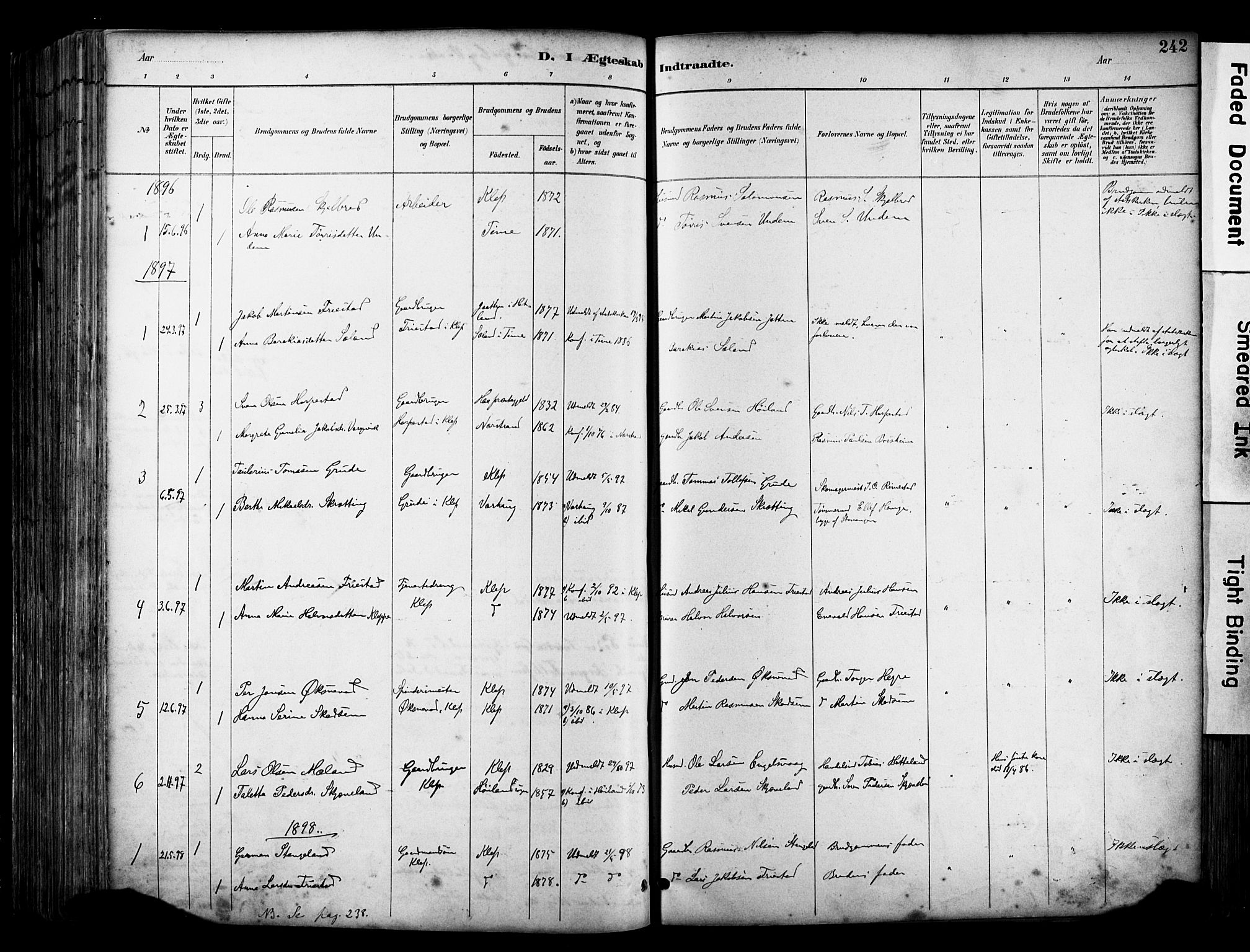 Klepp sokneprestkontor, SAST/A-101803/001/3/30BA/L0009: Parish register (official) no. A 7, 1886-1915, p. 242