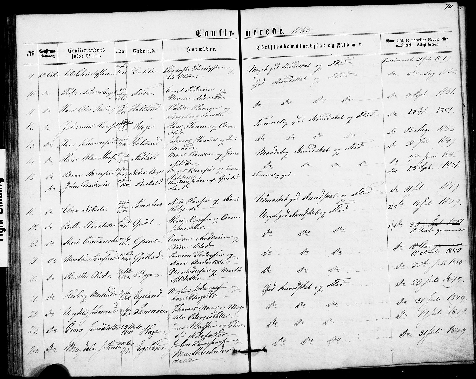 Fusa sokneprestembete, SAB/A-75401/H/Hab: Parish register (copy) no. A 1, 1861-1894, p. 70