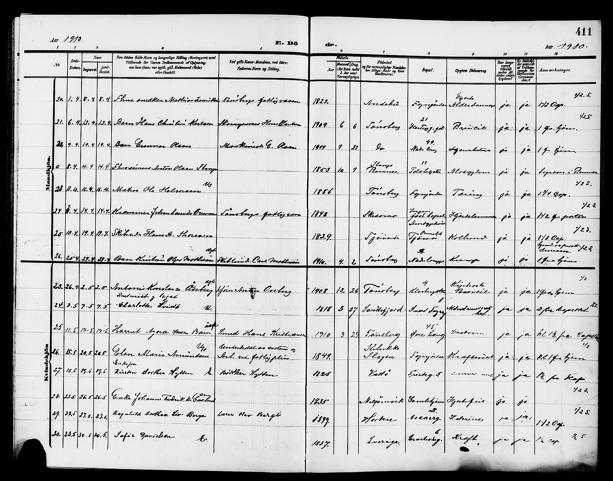 Tønsberg kirkebøker, AV/SAKO-A-330/G/Ga/L0008: Parish register (copy) no. 8, 1905-1912, p. 411