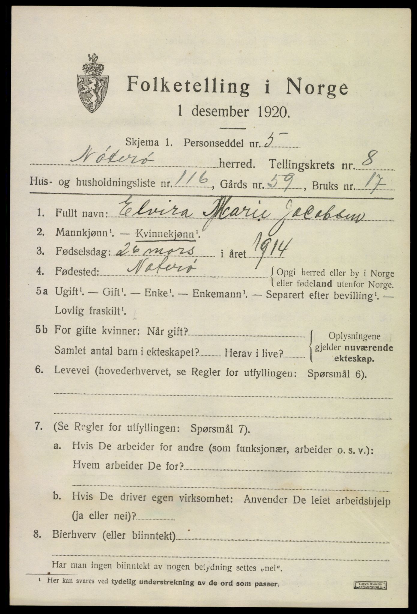SAKO, 1920 census for Nøtterøy, 1920, p. 11479