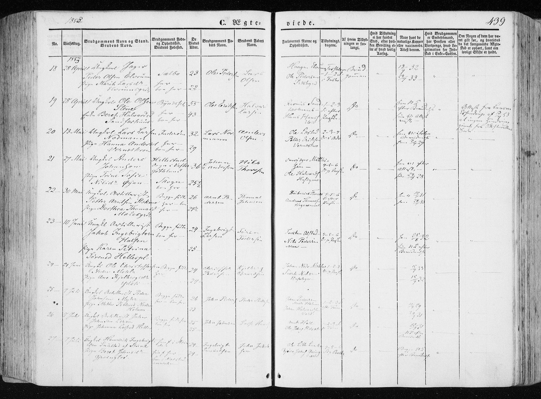 Ministerialprotokoller, klokkerbøker og fødselsregistre - Nord-Trøndelag, SAT/A-1458/709/L0074: Parish register (official) no. 709A14, 1845-1858, p. 439