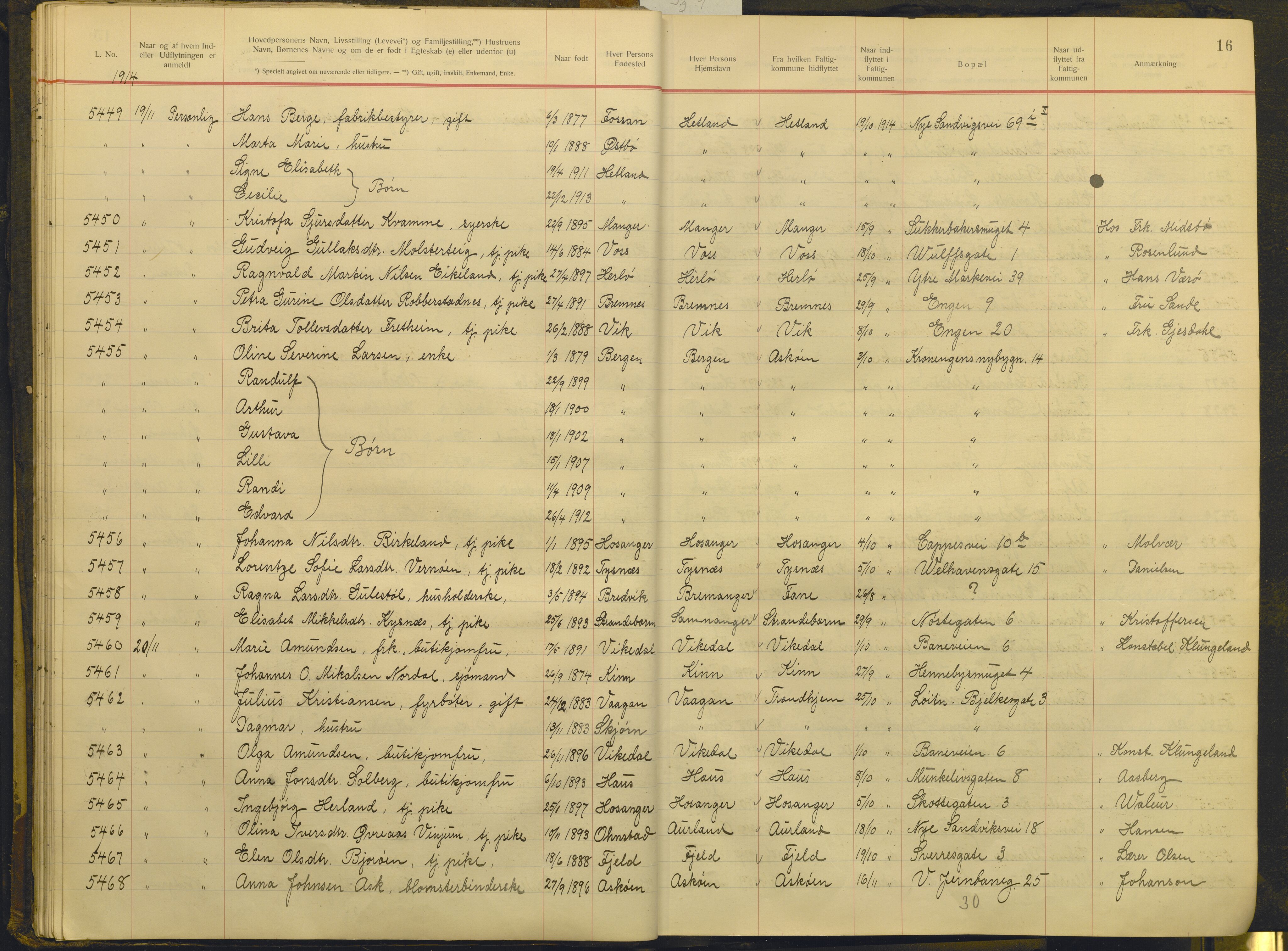 Bergen politikammer / politidistrikt, AV/SAB-A-60401/J.g/L0009: Protokoll over innflyttede, 1914-1917, p. 16