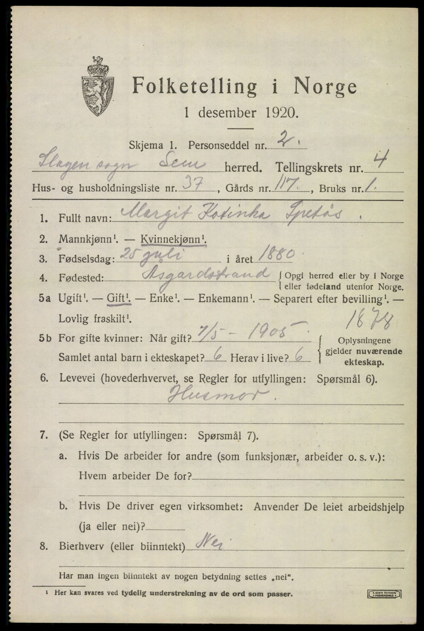 SAKO, 1920 census for Sem, 1920, p. 7473