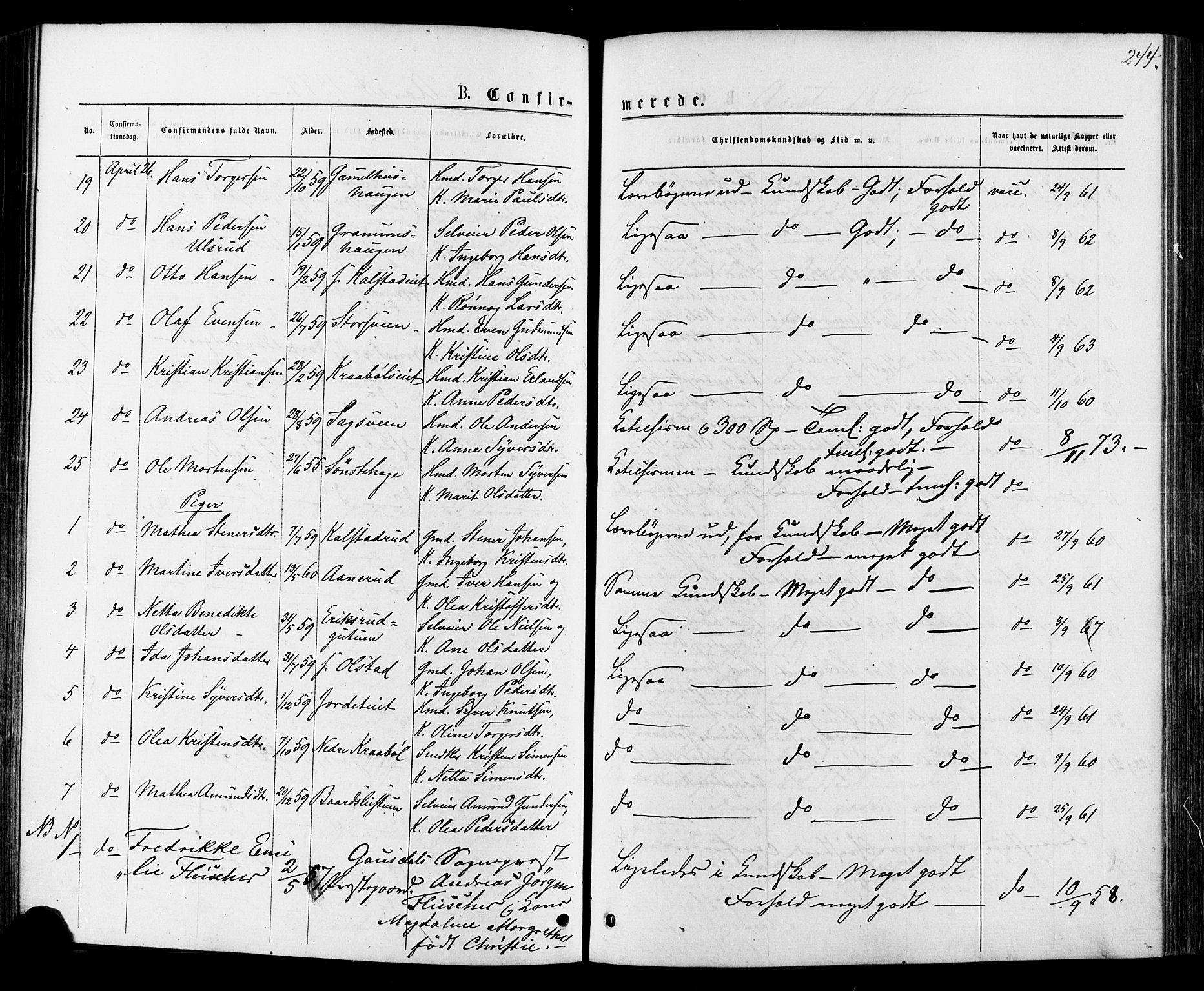 Østre Gausdal prestekontor, AV/SAH-PREST-092/H/Ha/Haa/L0001: Parish register (official) no. 1, 1874-1886, p. 244