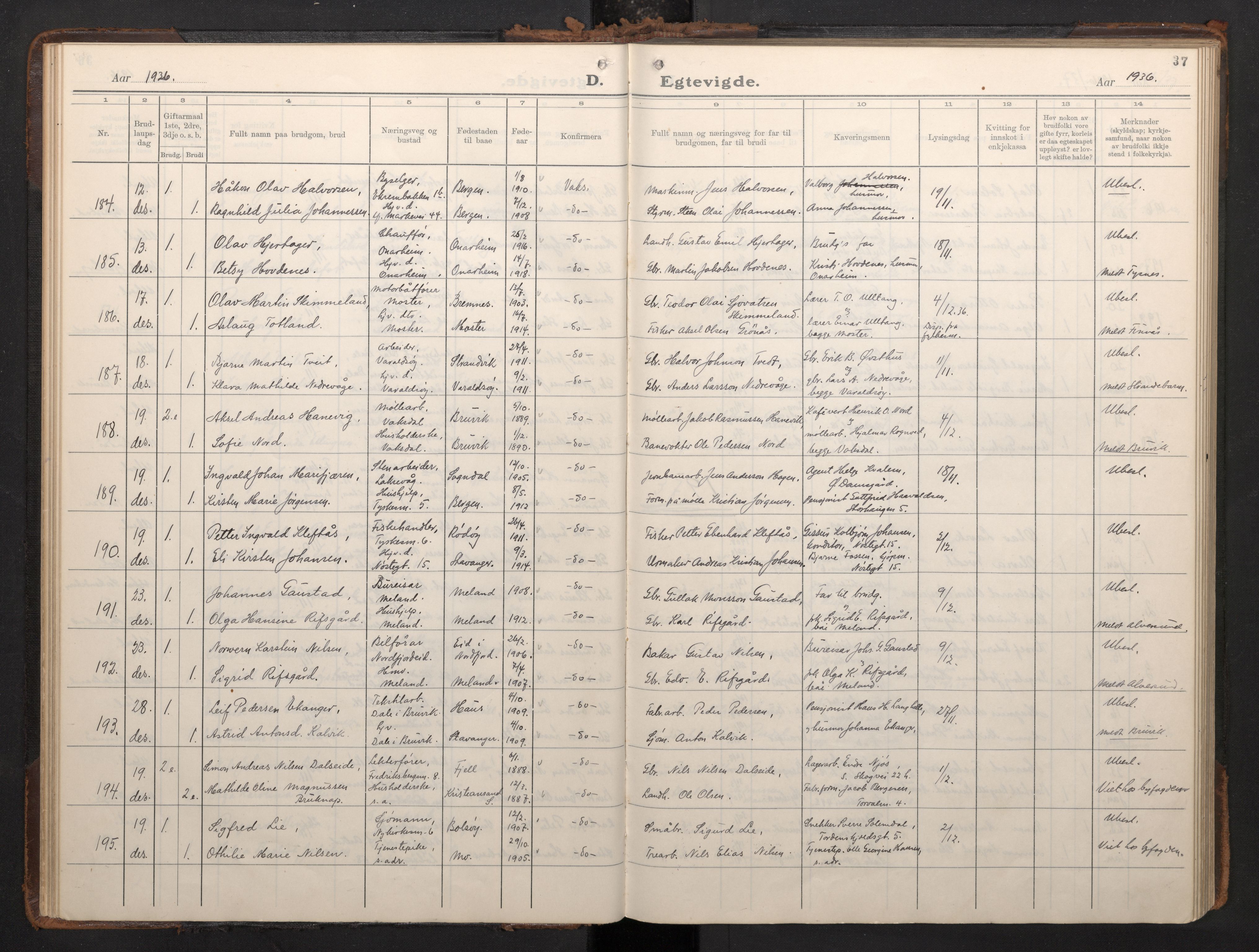 Nykirken Sokneprestembete, AV/SAB-A-77101/H/Haa/L0039: Parish register (official) no. D 9, 1935-1946, p. 36b-37a