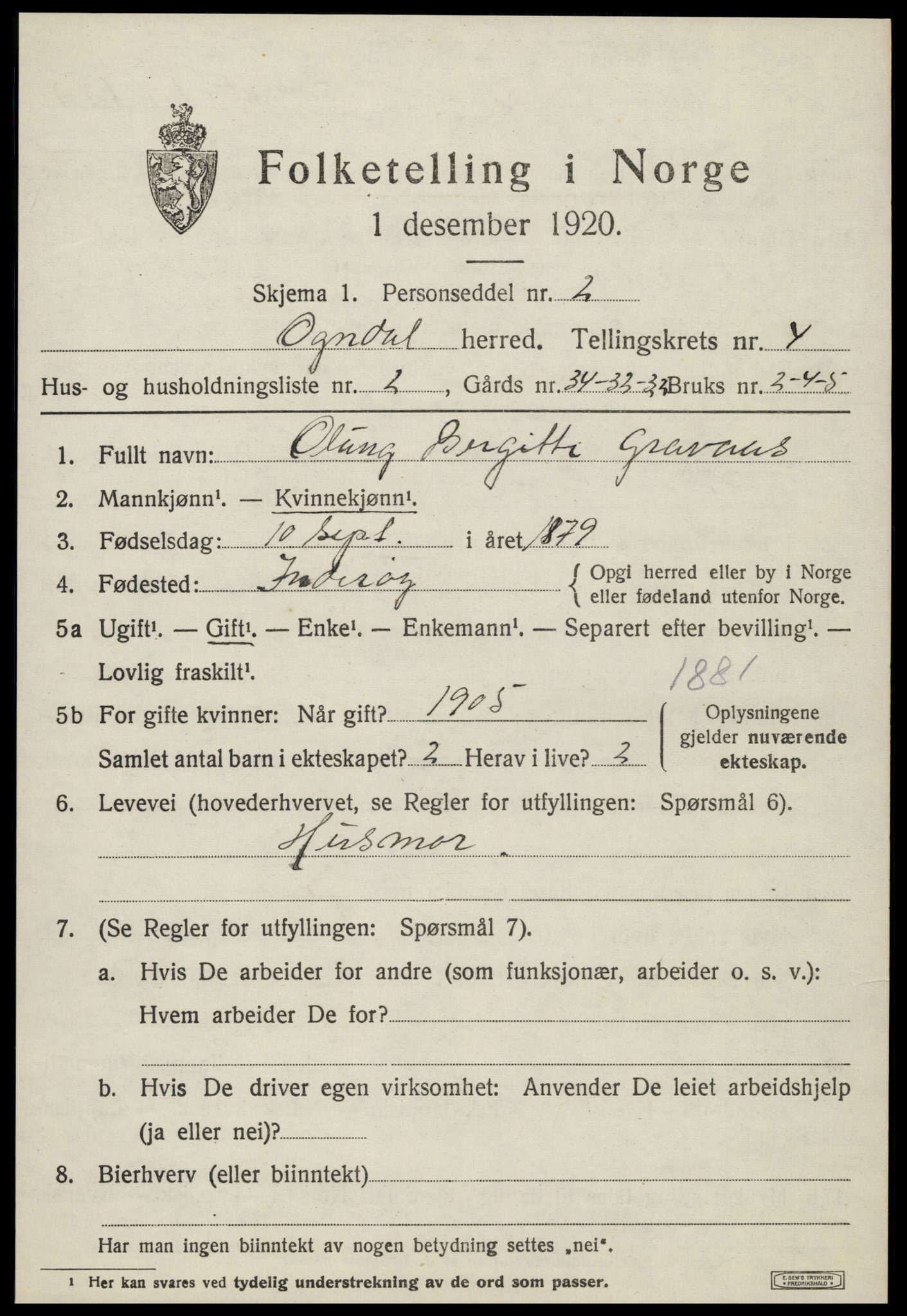 SAT, 1920 census for Ogndal, 1920, p. 1379