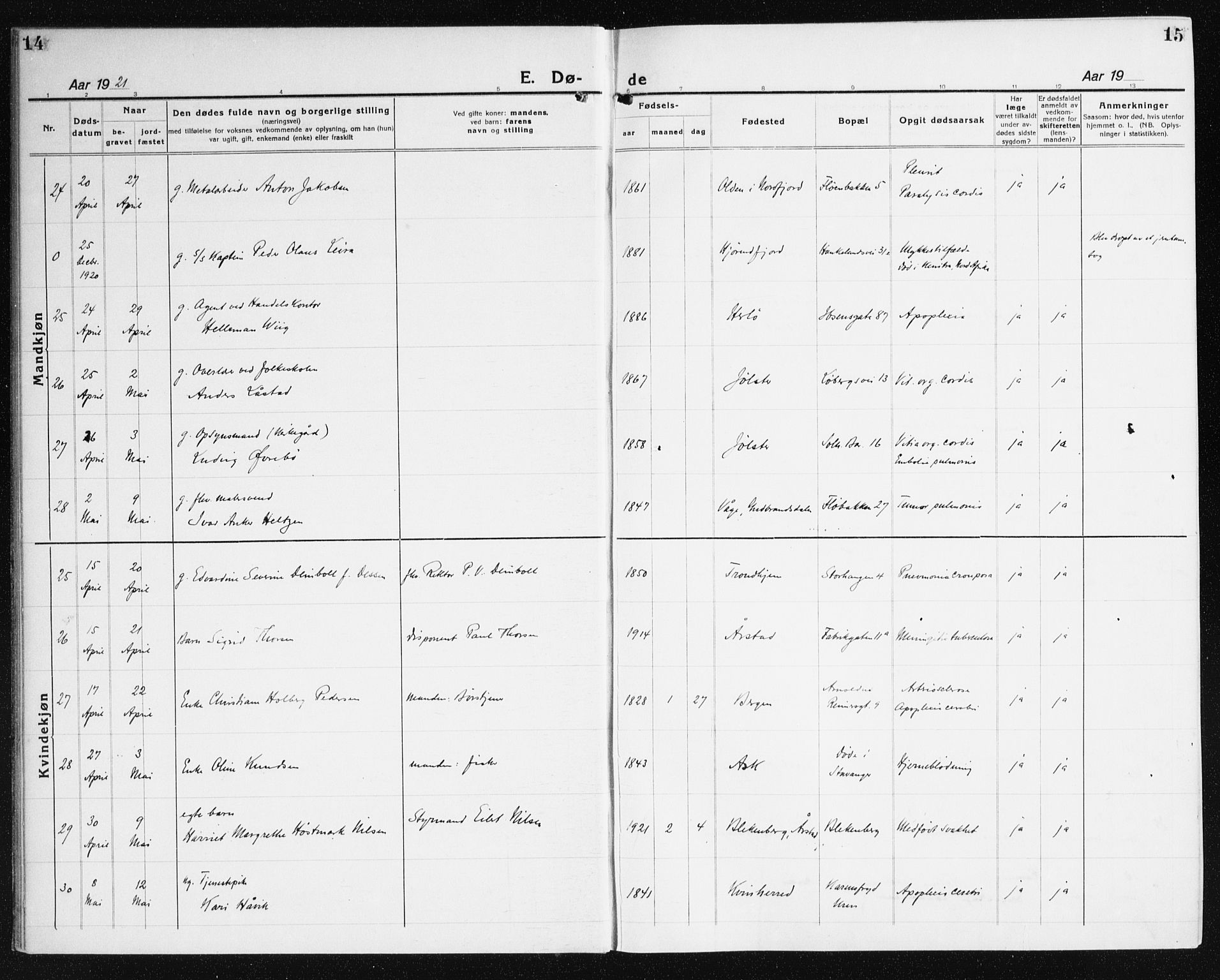 Årstad Sokneprestembete, AV/SAB-A-79301/H/Haa/L0010: Parish register (official) no. E 1, 1921-1940, p. 14-15