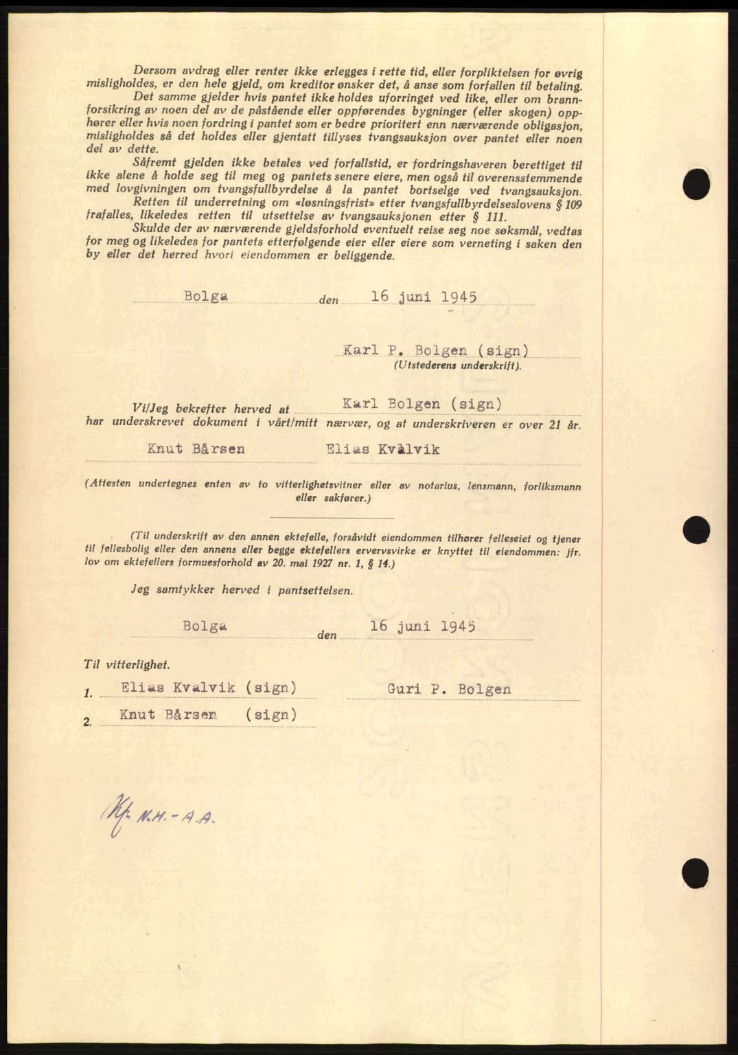 Nordmøre sorenskriveri, AV/SAT-A-4132/1/2/2Ca: Mortgage book no. B93a, 1945-1945, Diary no: : 1315/1945