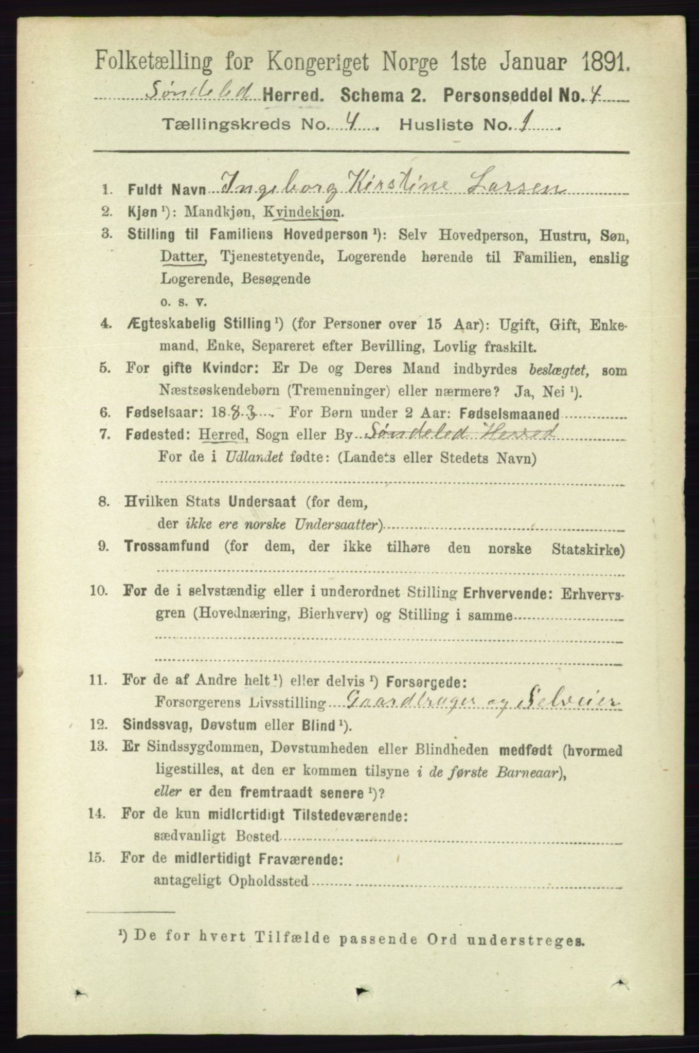 RA, 1891 census for 0913 Søndeled, 1891, p. 880