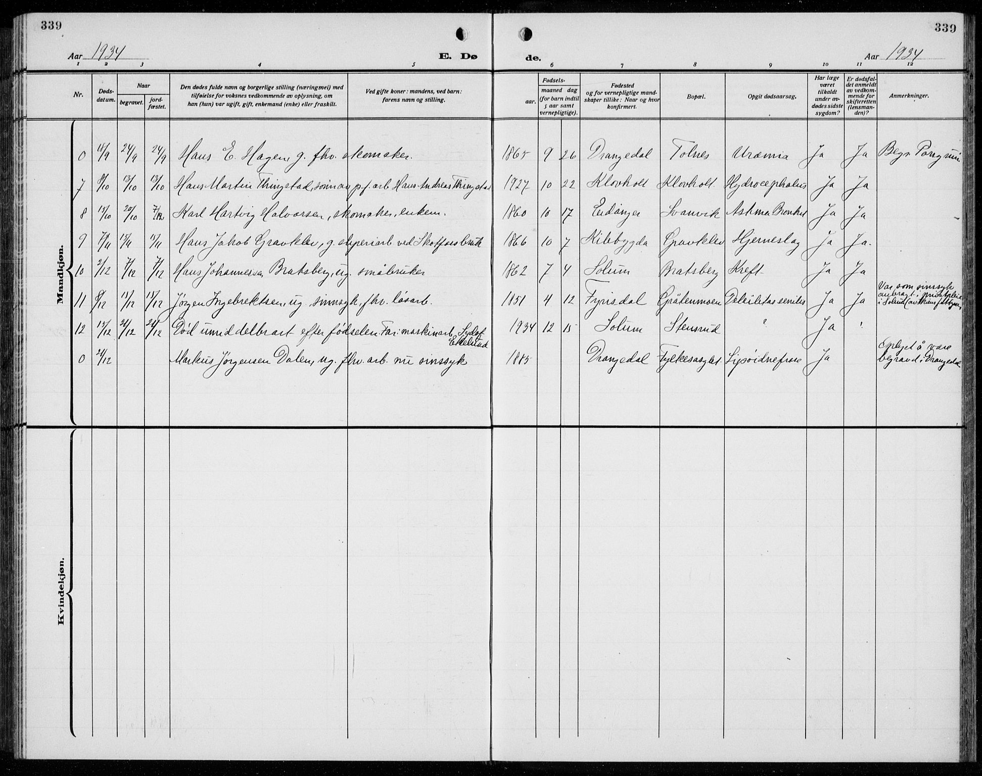 Solum kirkebøker, SAKO/A-306/G/Ga/L0010: Parish register (copy) no. I 10, 1921-1937, p. 339