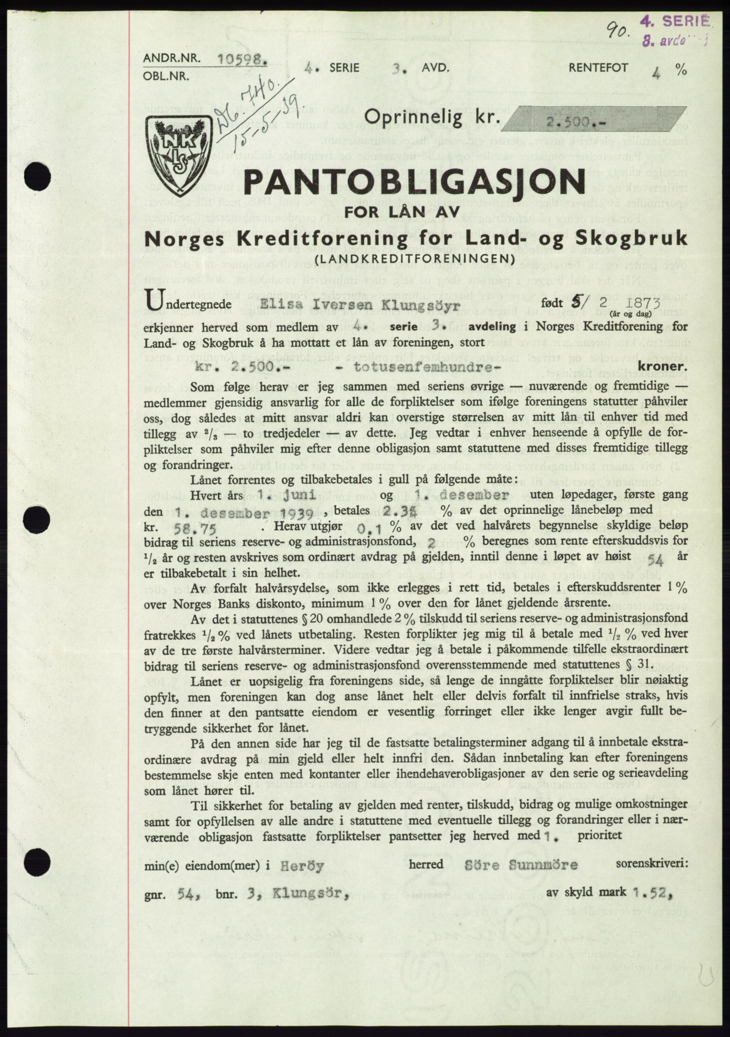 Søre Sunnmøre sorenskriveri, AV/SAT-A-4122/1/2/2C/L0068: Mortgage book no. 62, 1939-1939, Diary no: : 740/1939