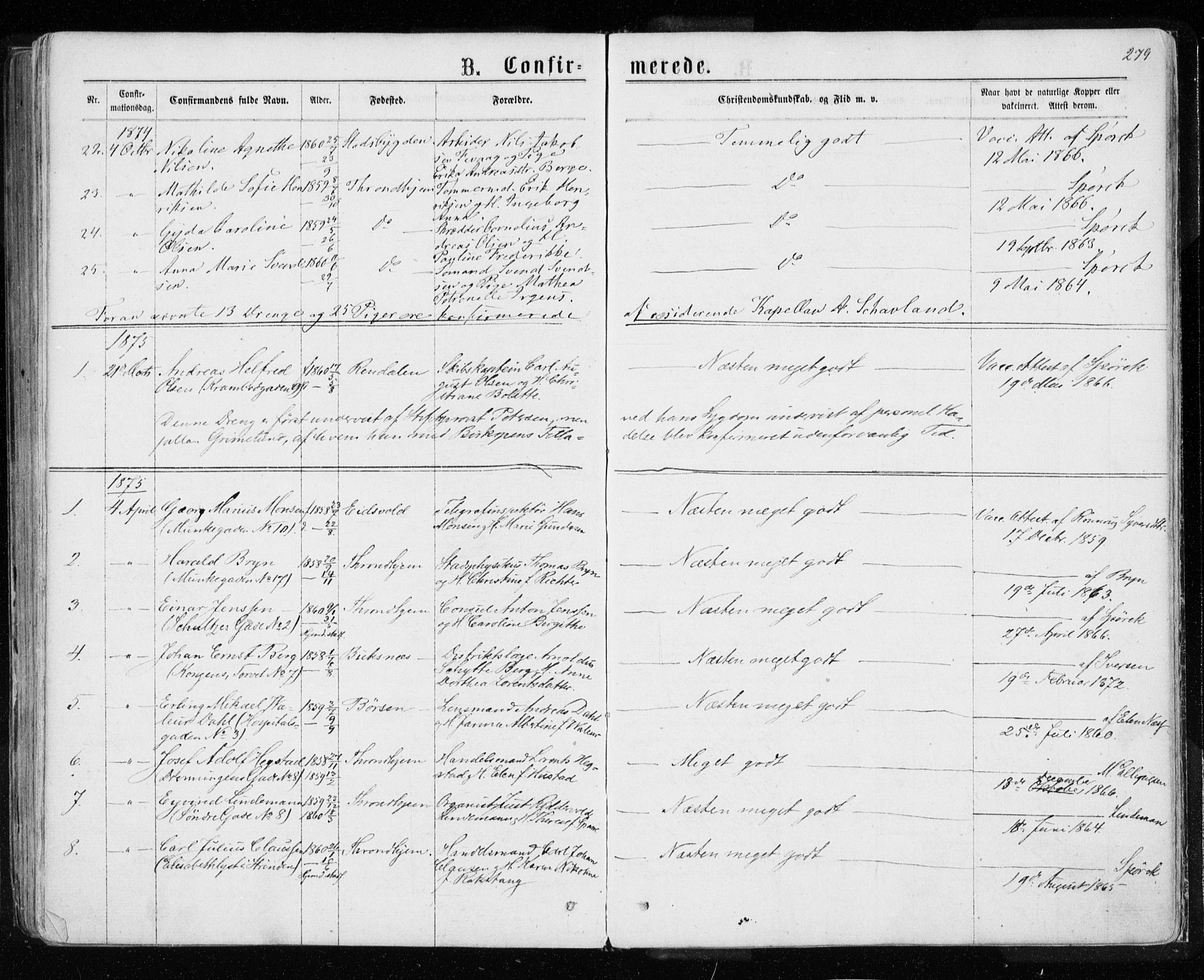 Ministerialprotokoller, klokkerbøker og fødselsregistre - Sør-Trøndelag, SAT/A-1456/601/L0054: Parish register (official) no. 601A22, 1866-1877, p. 279