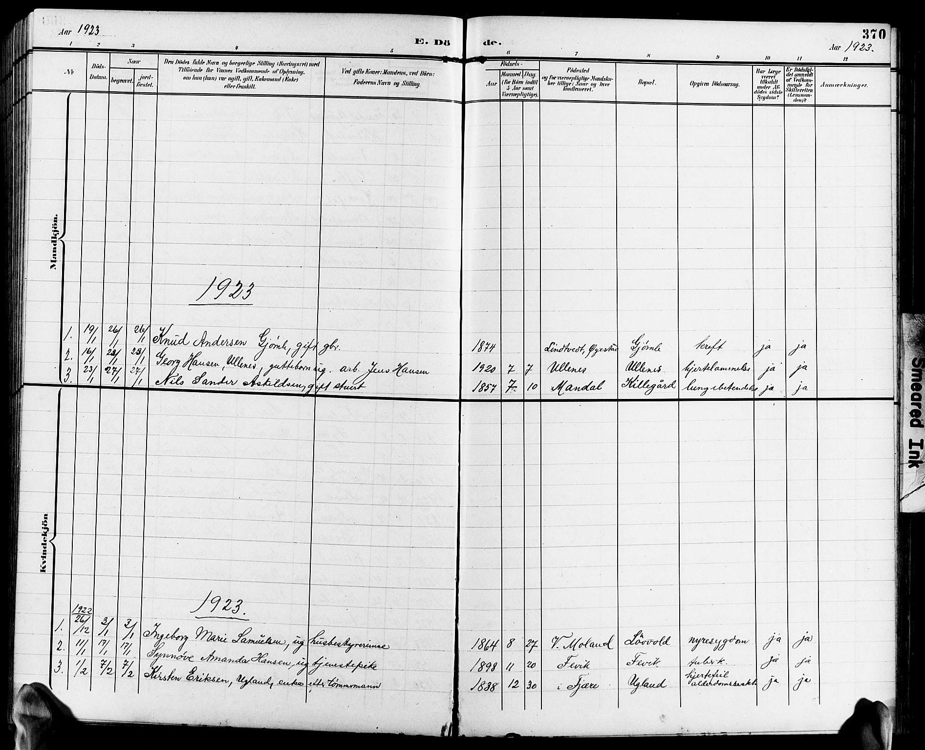 Fjære sokneprestkontor, SAK/1111-0011/F/Fb/L0012: Parish register (copy) no. B 12, 1902-1925, p. 370