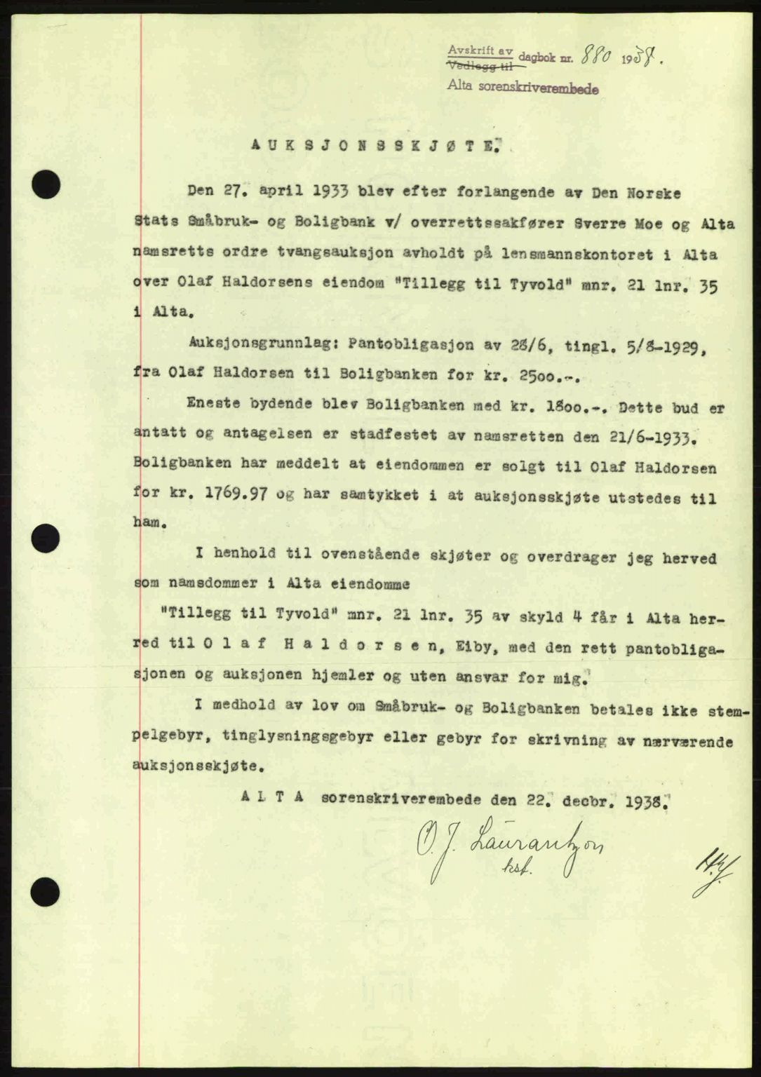 Alta fogderi/sorenskriveri, SATØ/SATØ-5/1/K/Kd/L0031pantebok: Mortgage book no. 31, 1938-1939, Diary no: : 880/1938