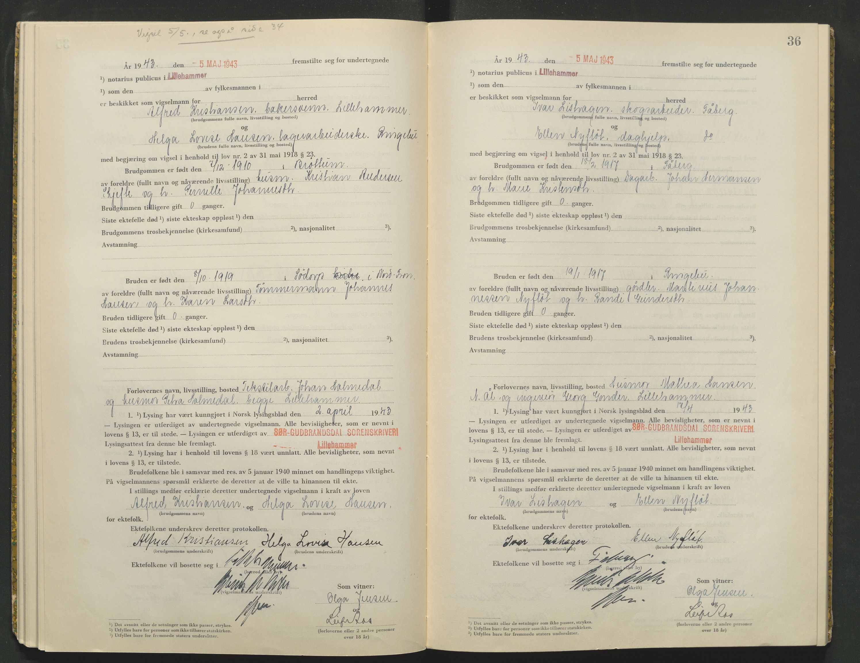 Sør-Gudbrandsdal tingrett, AV/SAH-TING-004/L/Lc/L0003: Vigselsprotokoll, 1943, p. 36