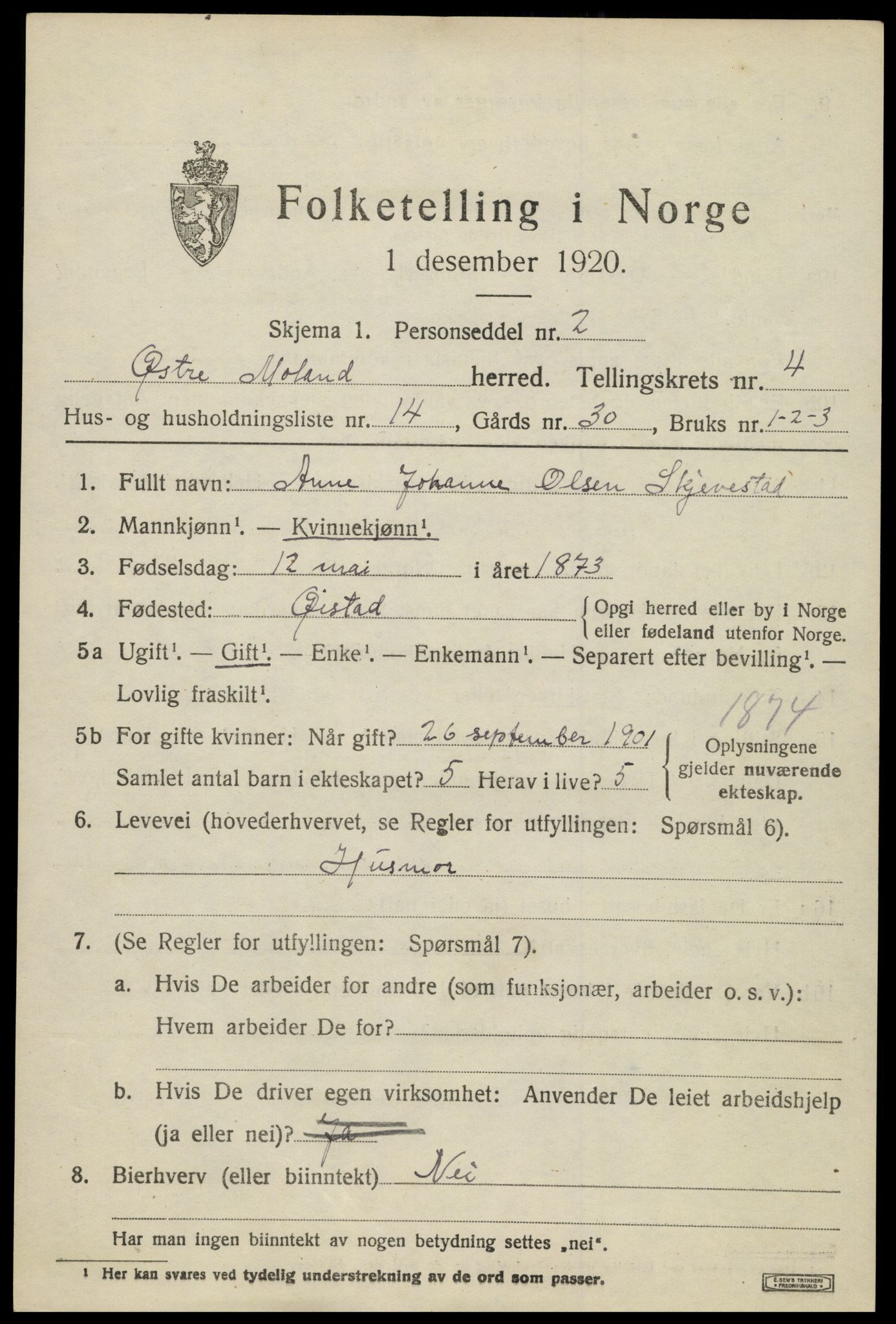 SAK, 1920 census for Austre Moland, 1920, p. 2193