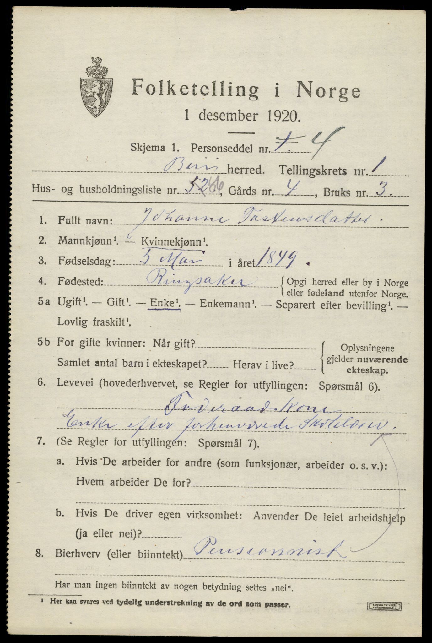 SAH, 1920 census for Biri, 1920, p. 2023