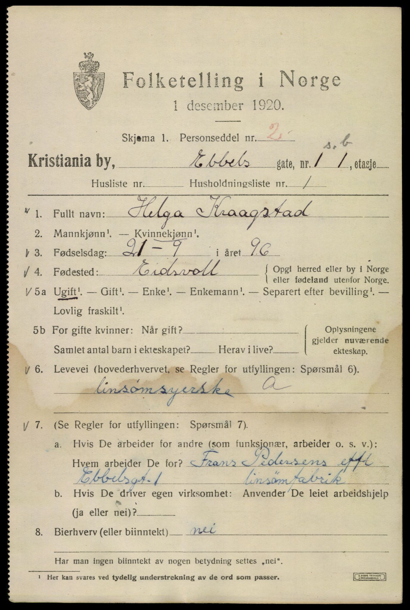 SAO, 1920 census for Kristiania, 1920, p. 206877