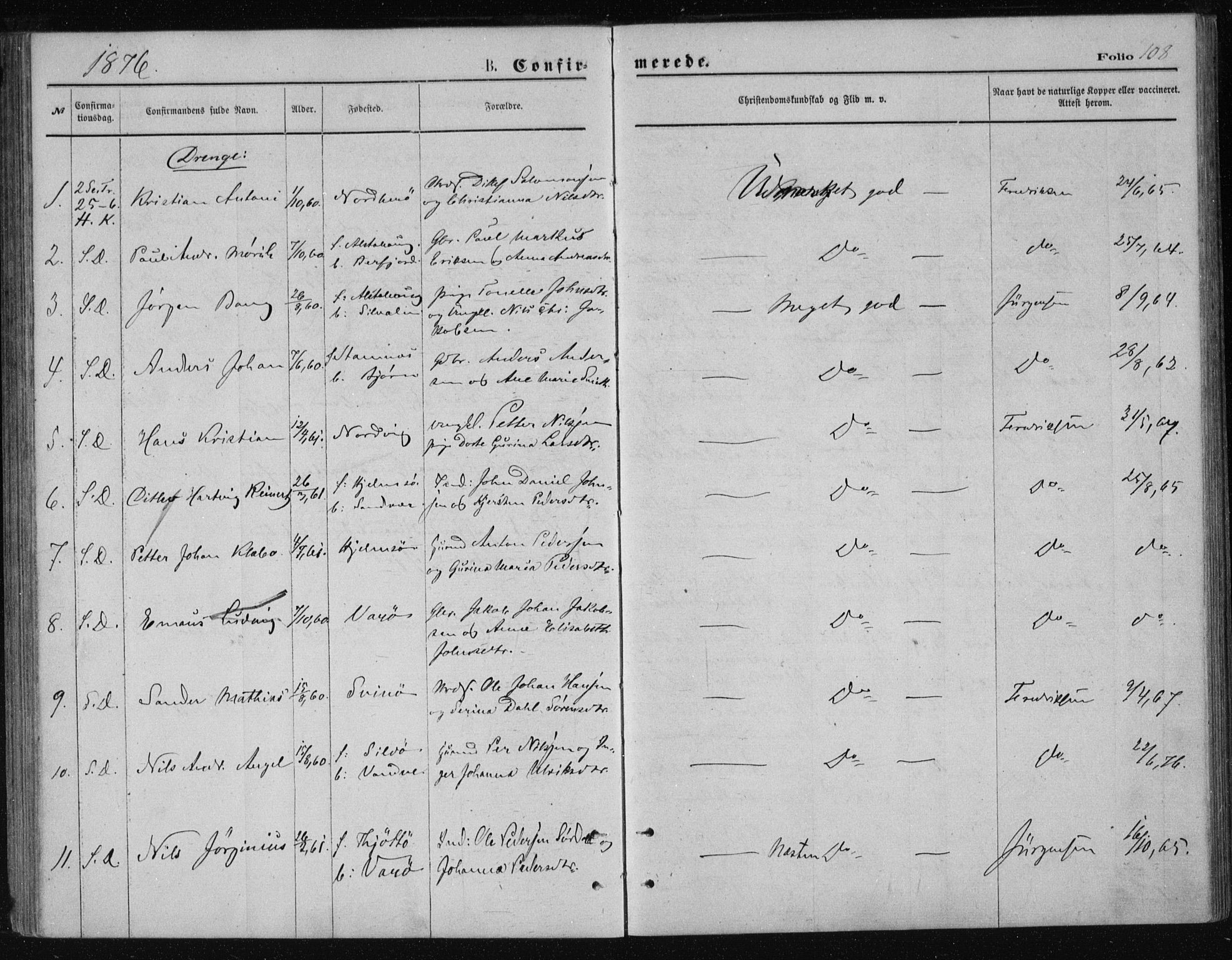 Ministerialprotokoller, klokkerbøker og fødselsregistre - Nordland, AV/SAT-A-1459/834/L0506: Parish register (official) no. 834A04, 1872-1878, p. 108