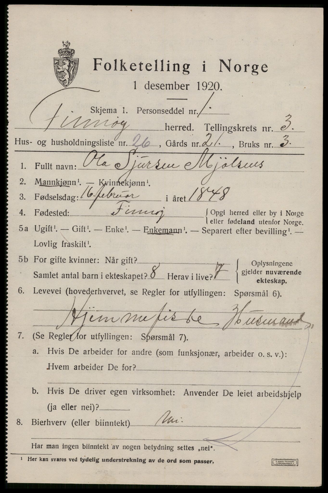 SAST, 1920 census for Finnøy, 1920, p. 2458