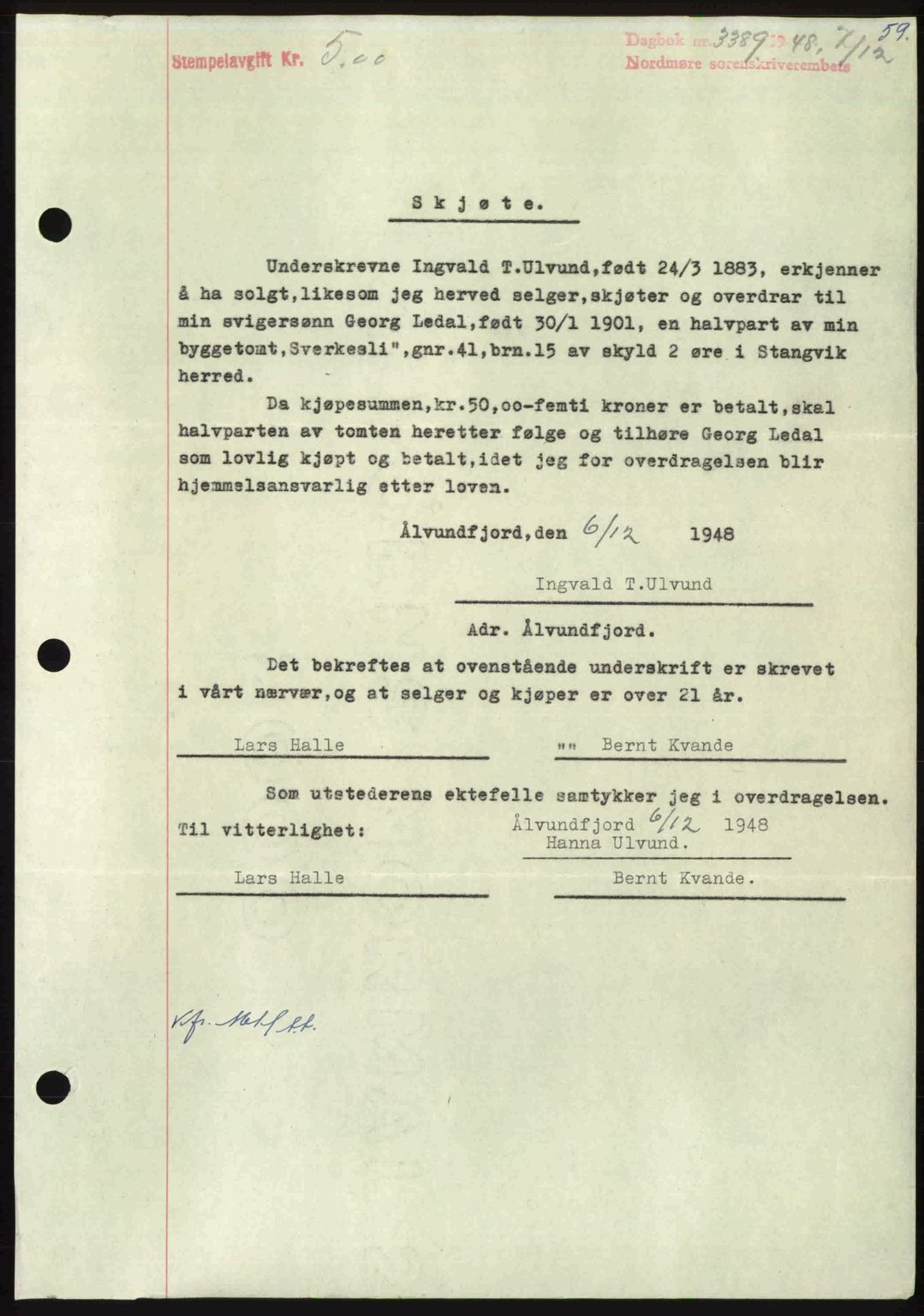 Nordmøre sorenskriveri, AV/SAT-A-4132/1/2/2Ca: Mortgage book no. A110, 1948-1949, Diary no: : 3389/1948