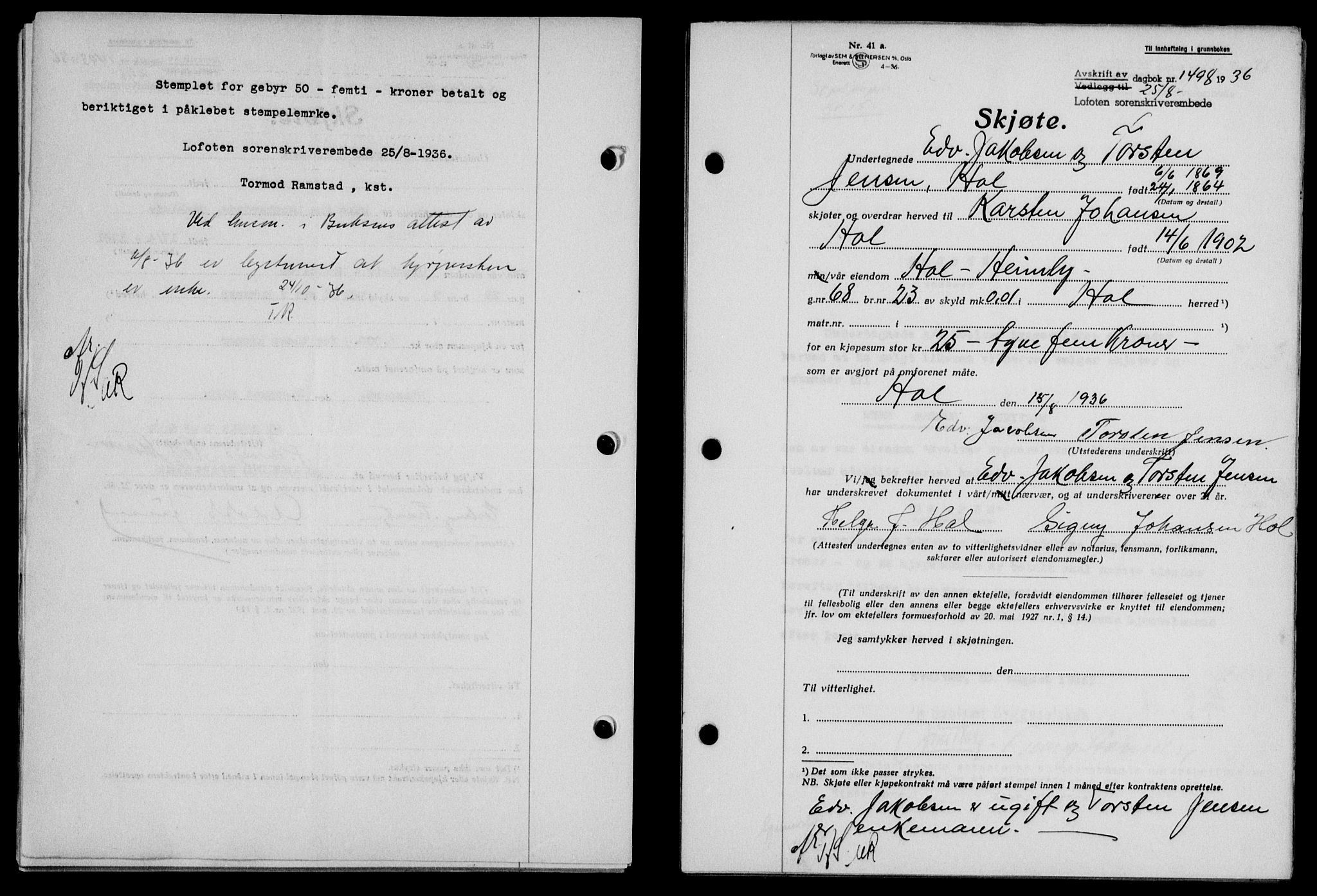 Lofoten sorenskriveri, SAT/A-0017/1/2/2C/L0001a: Mortgage book no. 1a, 1936-1937, Diary no: : 1498/1936