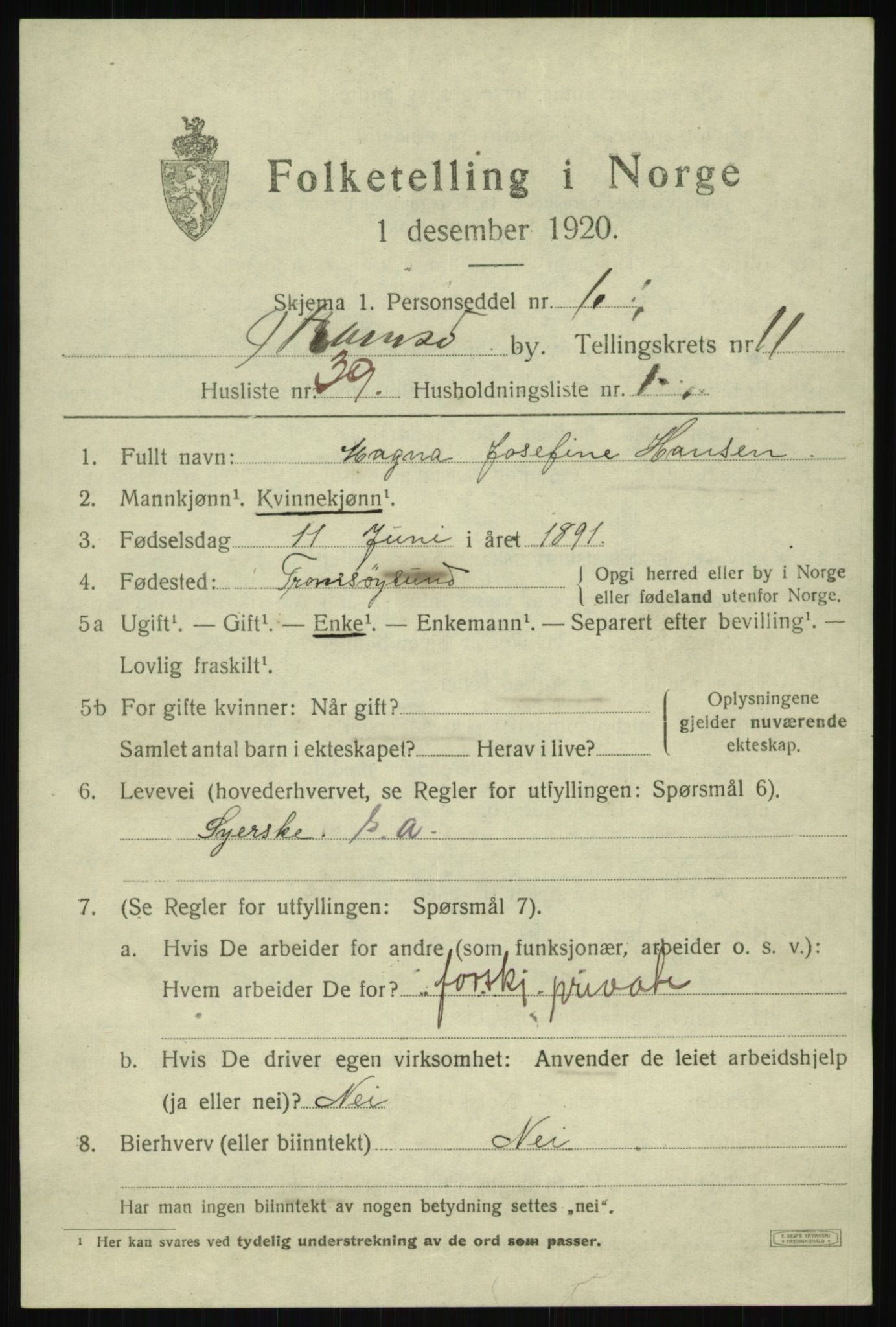 SATØ, 1920 census for Tromsø, 1920, p. 22643