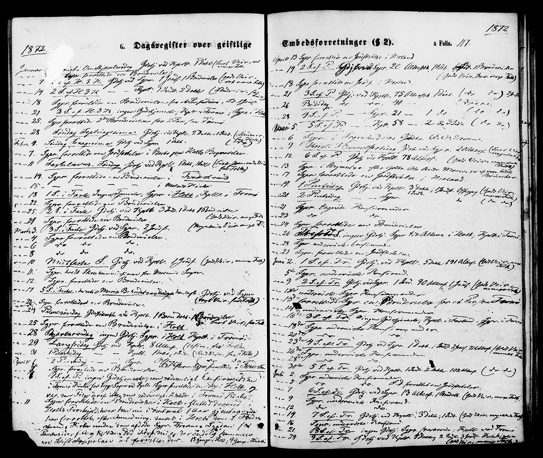Austre Moland sokneprestkontor, SAK/1111-0001/F/Fa/Faa/L0009: Parish register (official) no. A 9, 1869-1879, p. 187