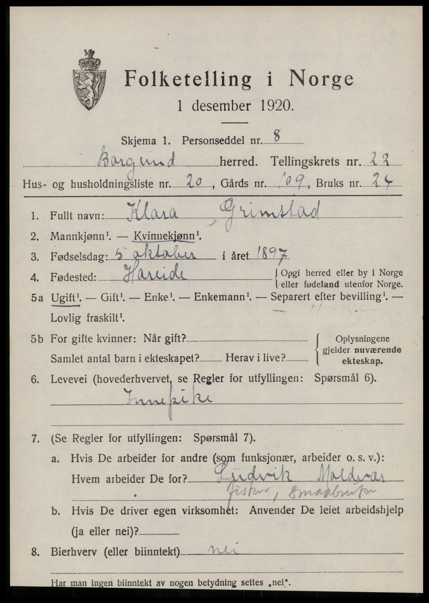 SAT, 1920 census for Borgund, 1920, p. 15424