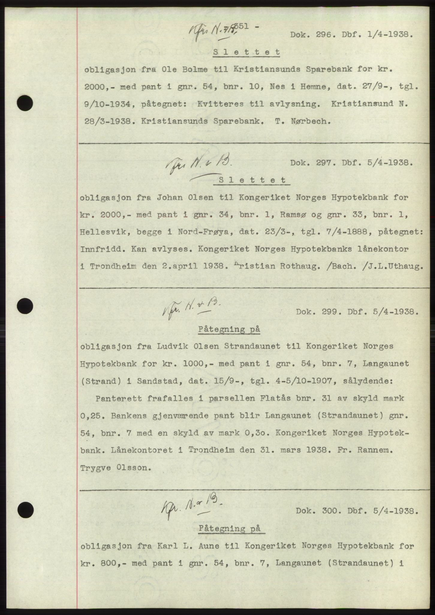 Hitra sorenskriveri, AV/SAT-A-0018/2/2C/2Ca: Mortgage book no. C1, 1936-1945, Diary no: : 296/1938