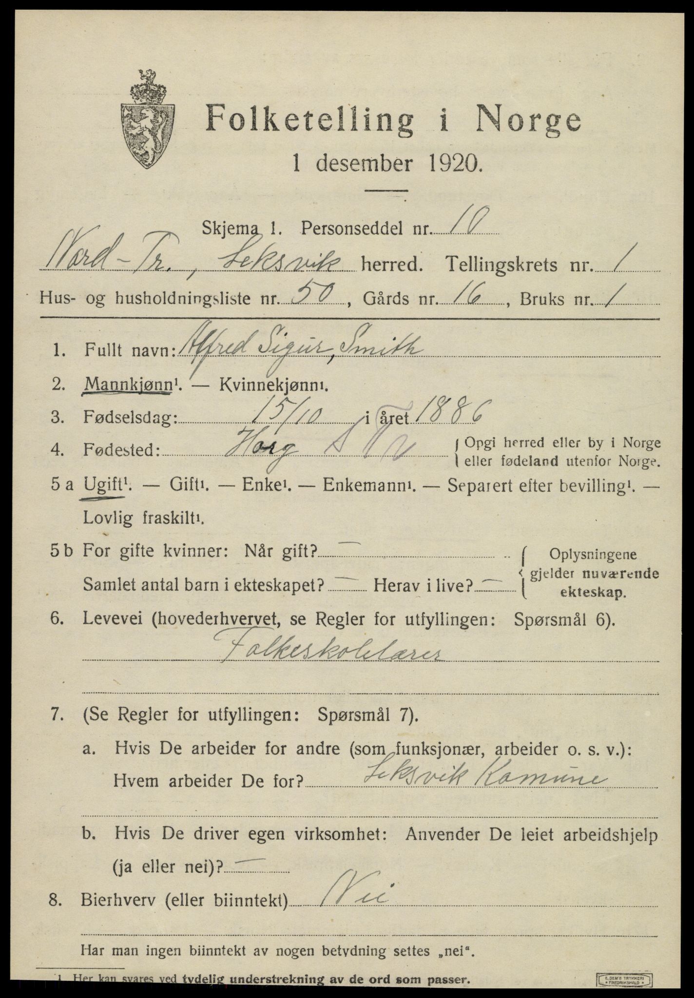 SAT, 1920 census for Leksvik, 1920, p. 1816