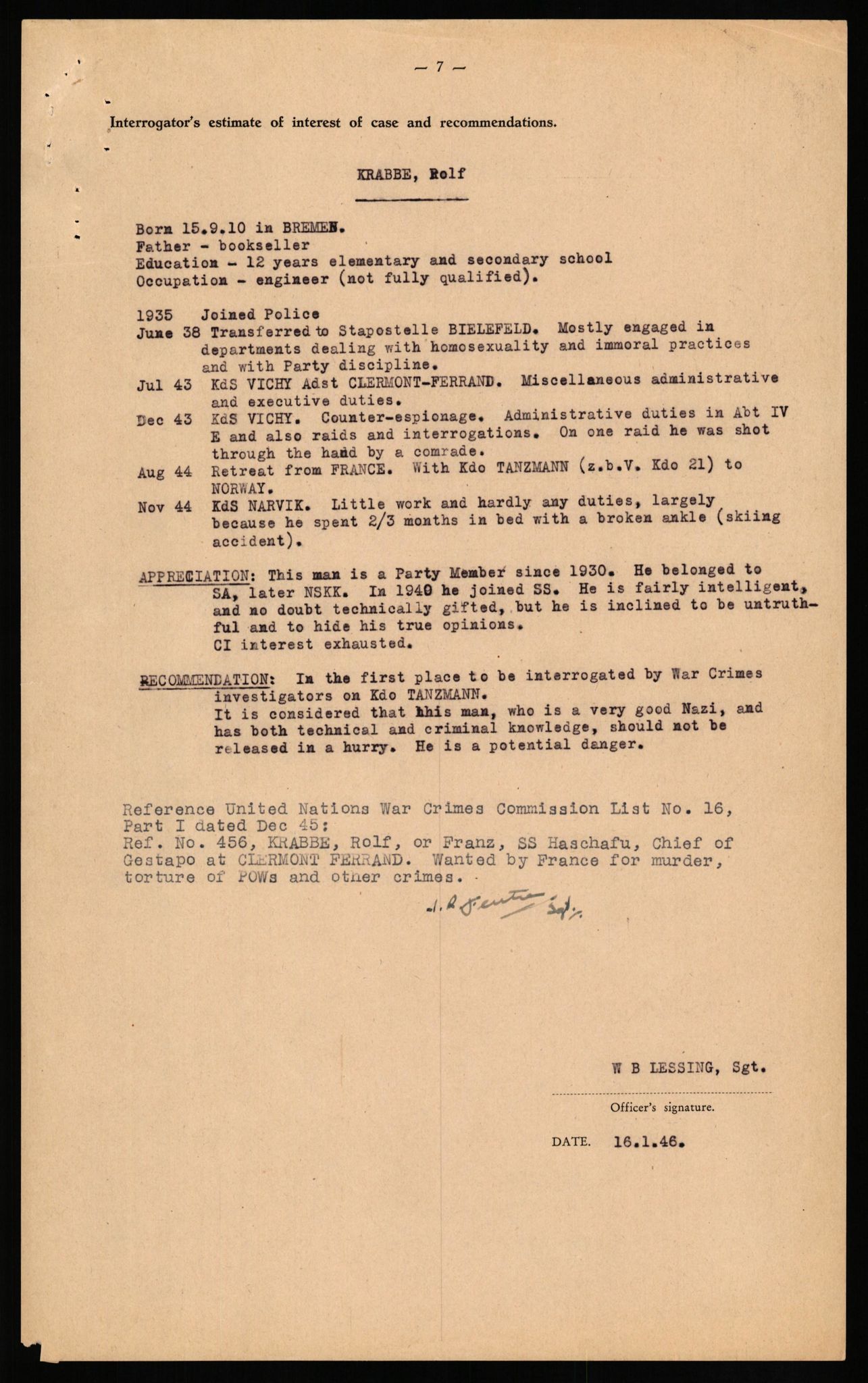 Forsvaret, Forsvarets overkommando II, AV/RA-RAFA-3915/D/Db/L0018: CI Questionaires. Tyske okkupasjonsstyrker i Norge. Tyskere., 1945-1946, p. 17